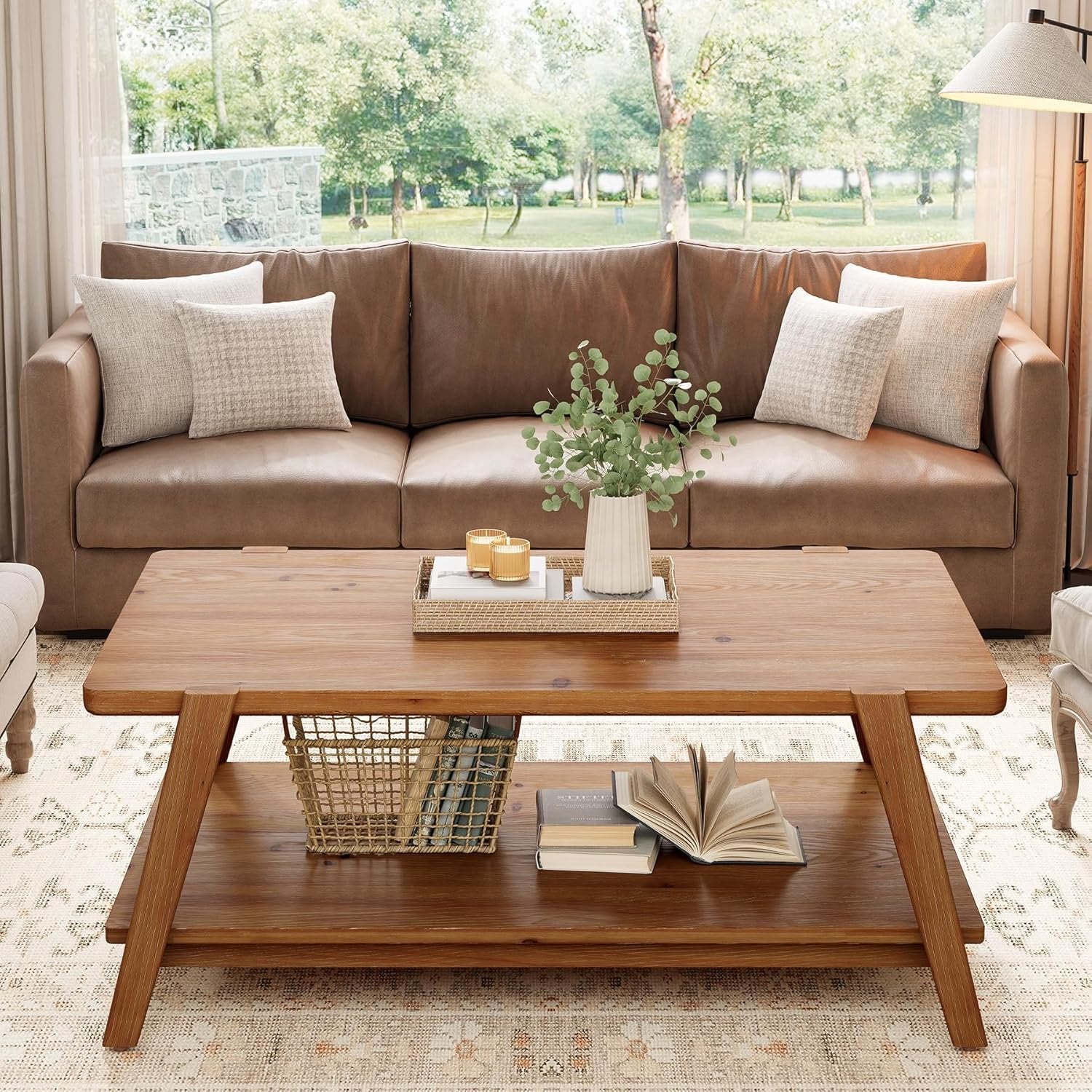 47" Farmhouse Coffee Table, 2-Tier Wood Rectangular Accent Center Cocktail Tea Table