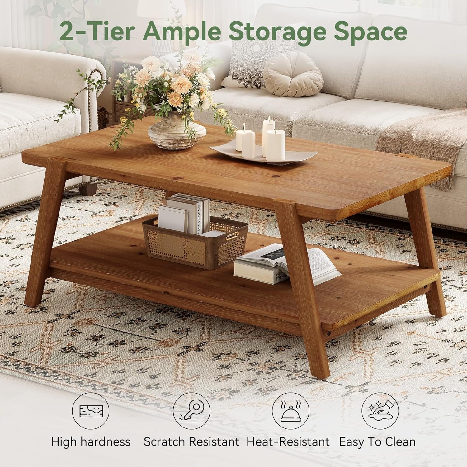 47" Farmhouse Coffee Table, 2-Tier Wood Rectangular Accent Center Cocktail Tea Table