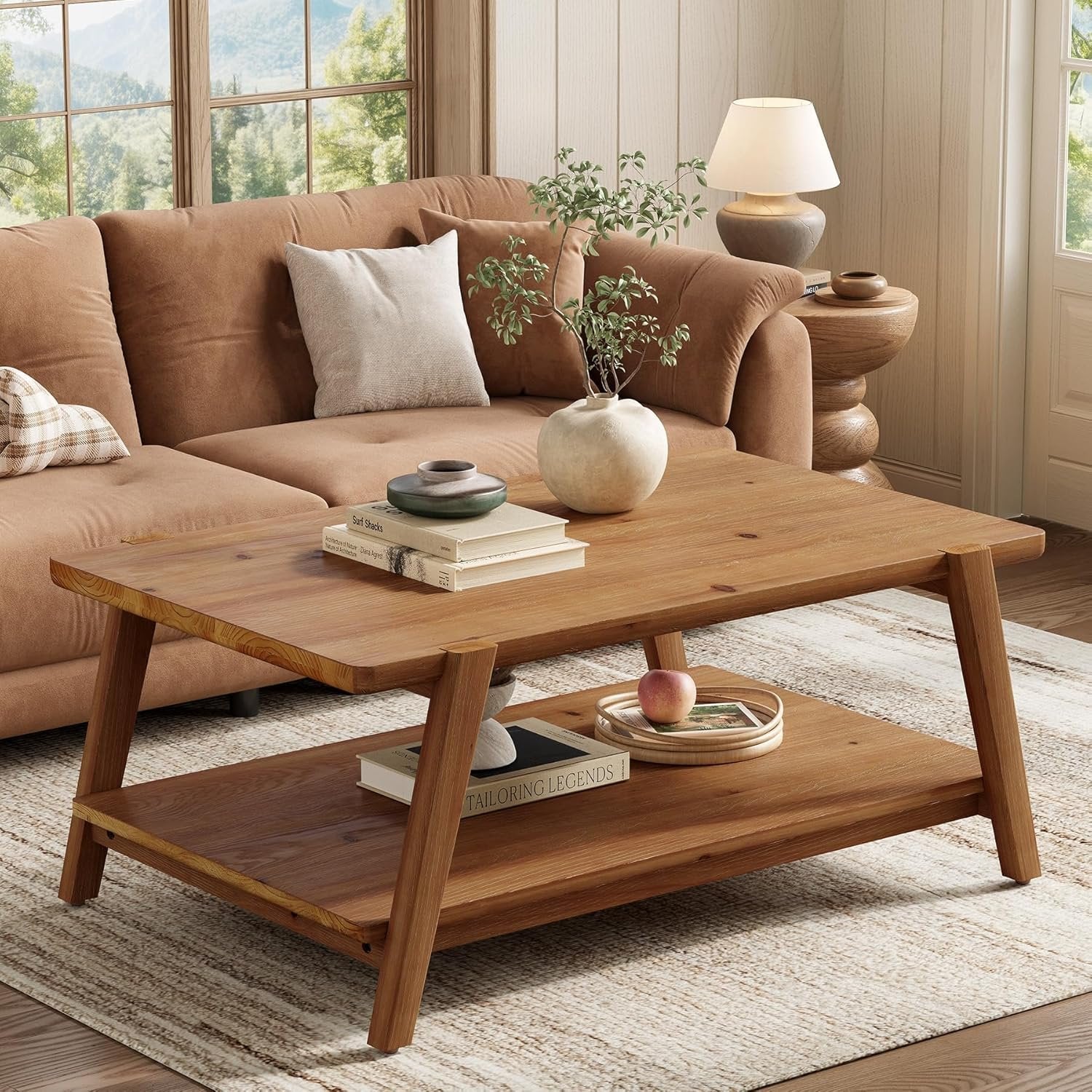 47" Farmhouse Coffee Table, 2-Tier Wood Rectangular Accent Center Cocktail Tea Table