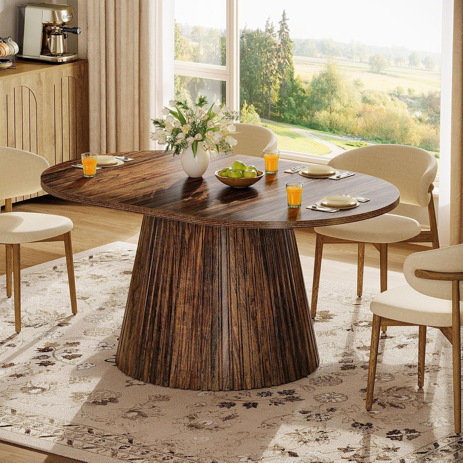 59" Oval Dining Table, Wooden Kitchen Dinner Table with Heavy Pedestal for 4-6 People