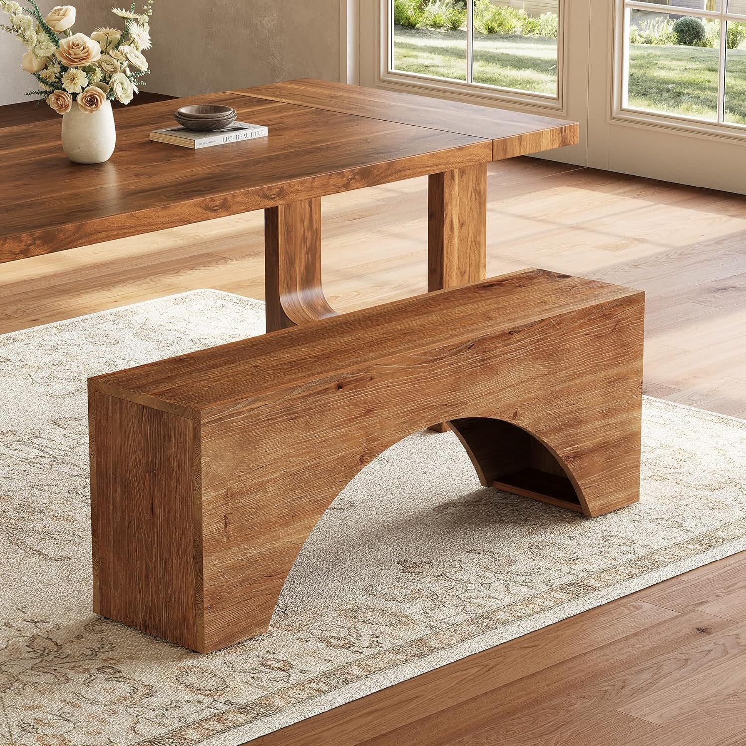 47" Solid Wood Bench, Farmhouse Entryway Shoe Bench with Arch Design