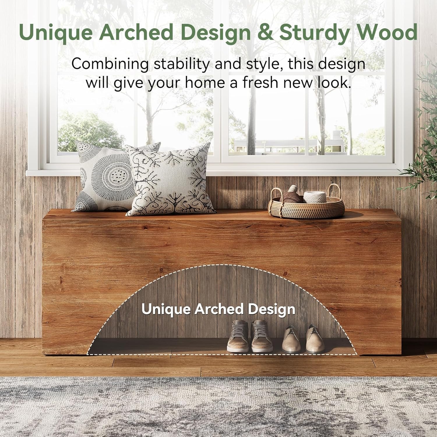 47" Solid Wood Bench, Farmhouse Entryway Shoe Bench with Arch Design