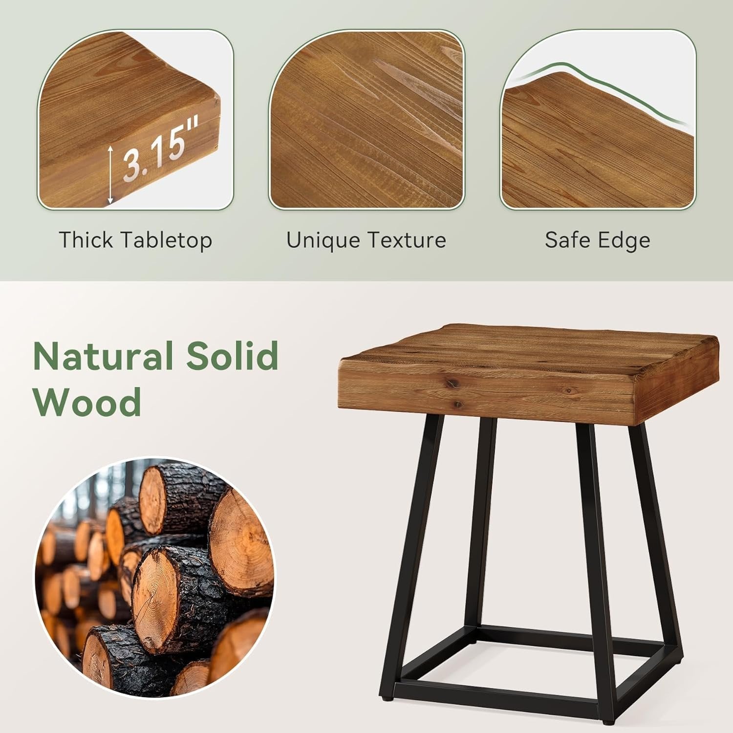 Solid Wood End Table, 19.7" Square Side Table with Metal Frame