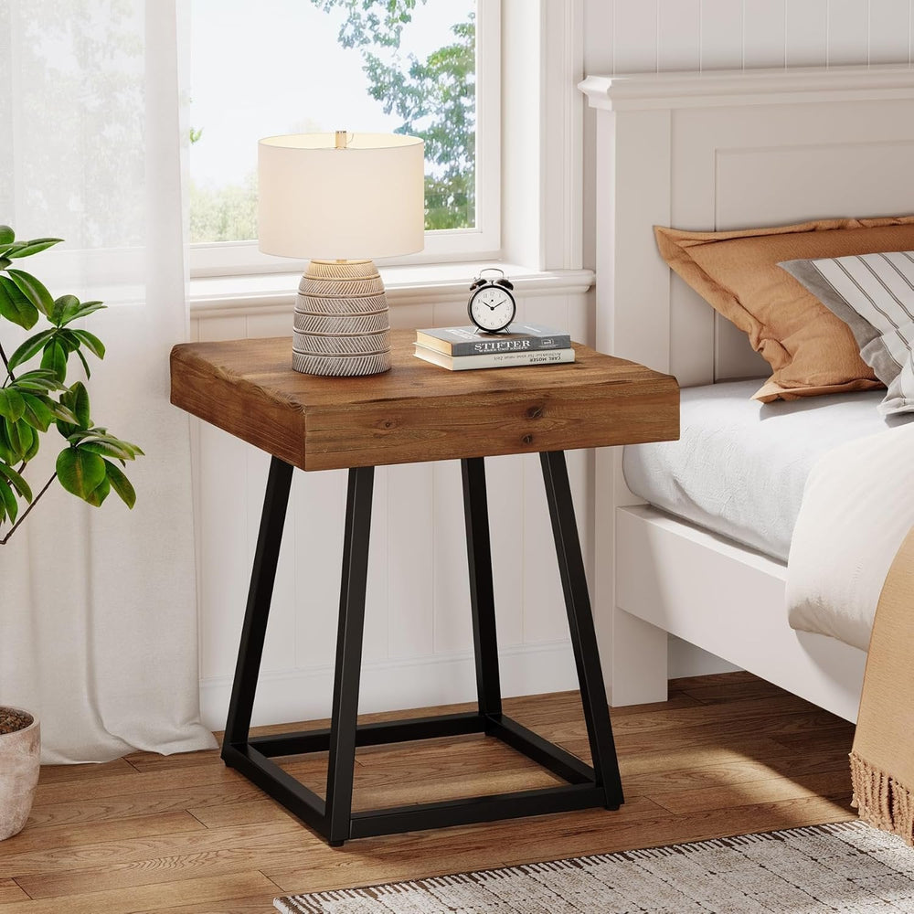 Solid Wood Nightstand, Square Bedside Table with Metal Frame-Tribesigns