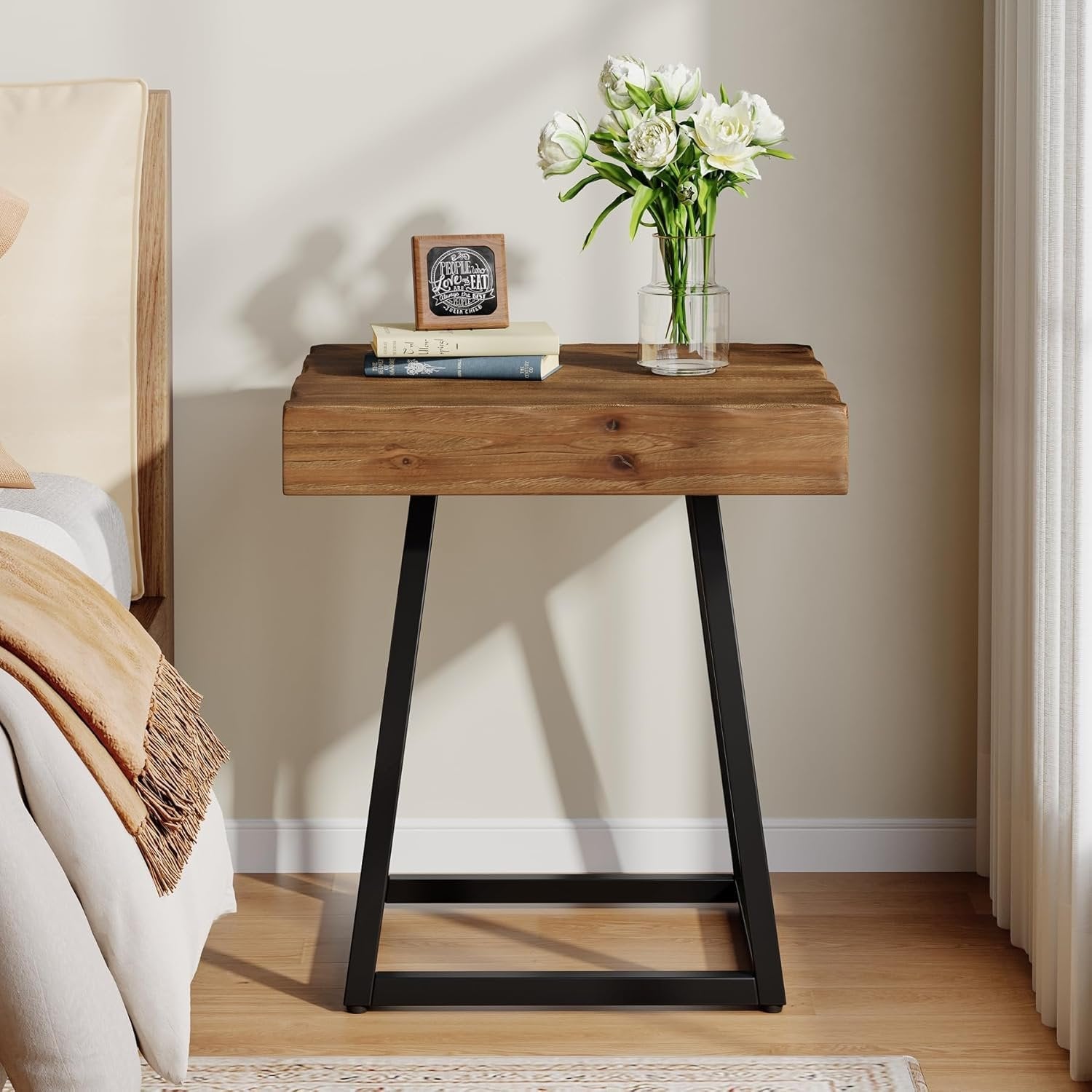 Solid Wood Nightstand, Industrial Square Bedside Table with Metal Frame
