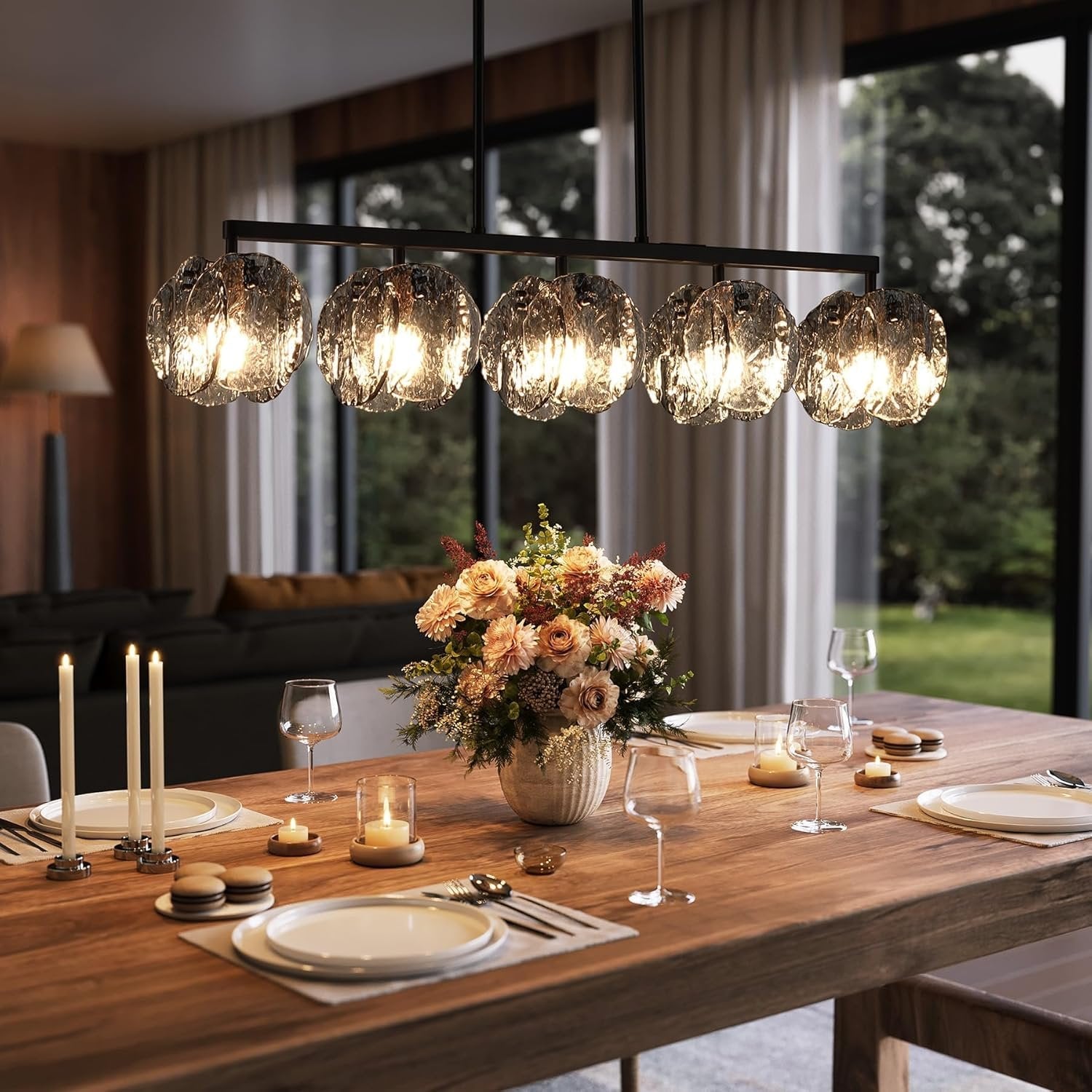 5-Light Dining Room Light Fixture, Luxury Linear Chandelier with Adjustable Height