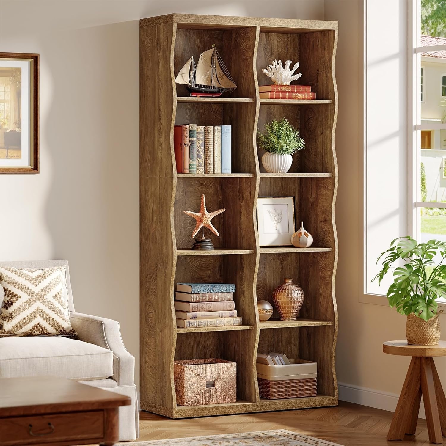 70.86" Tall Bookcase, 5-Tier Floor Standing Bookshelf with 10 Cubes