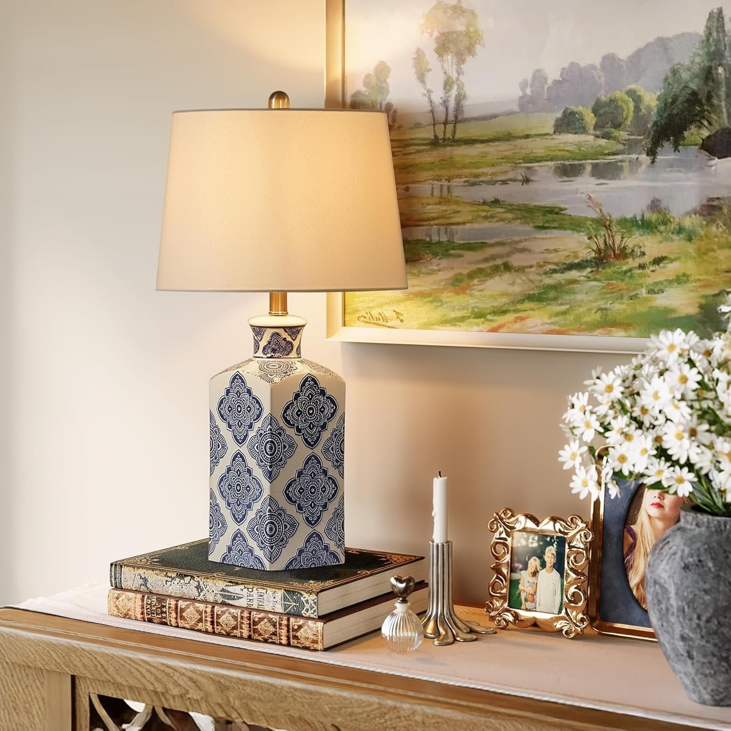 27" Chinoiserie Ceramic Table Lamp, Lighting Fixture with Ceramic Base