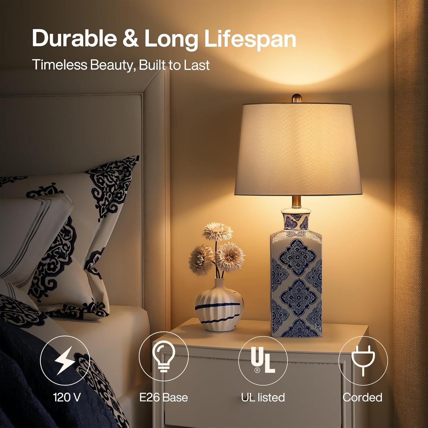 27" Chinoiserie Ceramic Table Lamp, Lighting Fixture with Ceramic Base