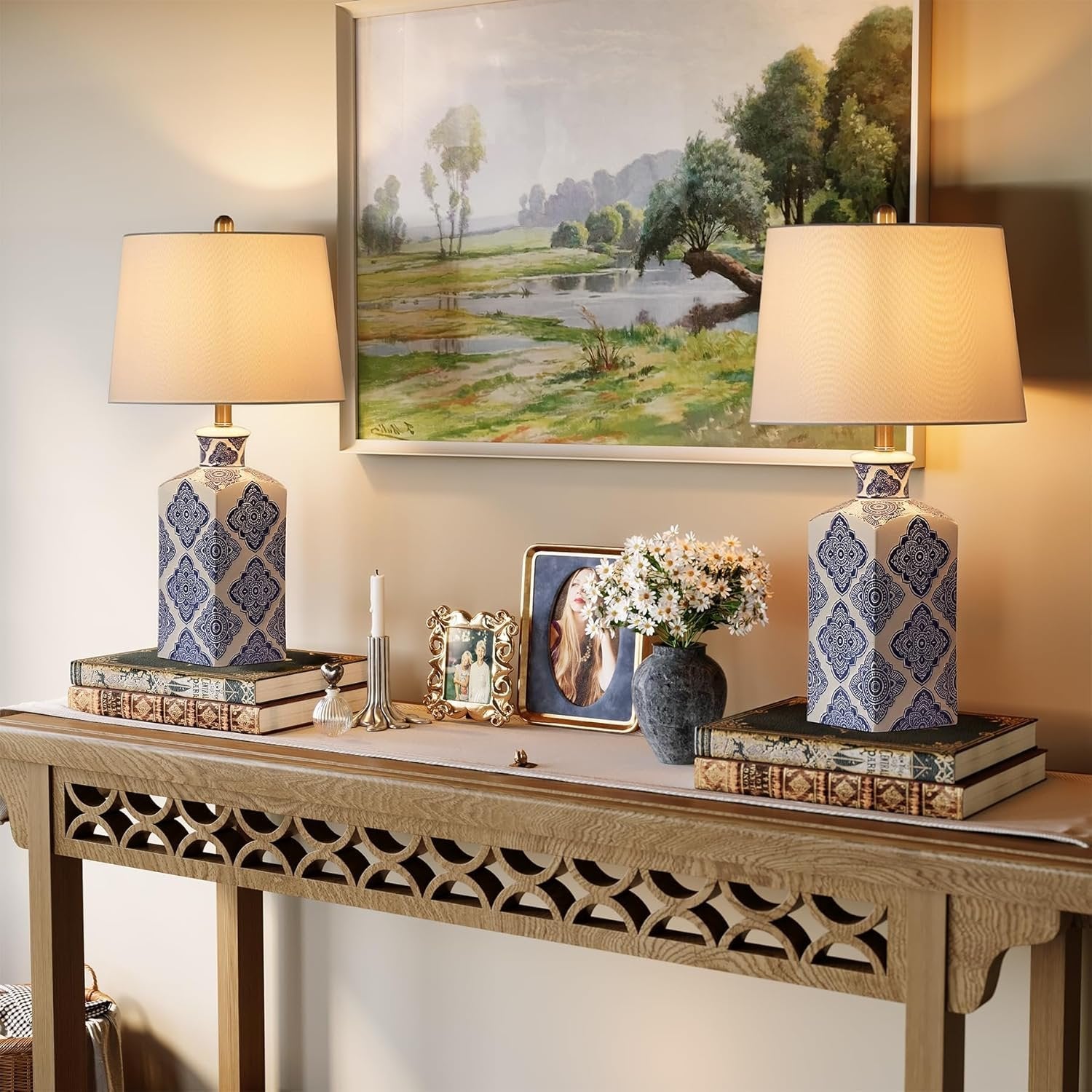 27" Chinoiserie Ceramic Table Lamp, Lighting Fixture with Ceramic Base