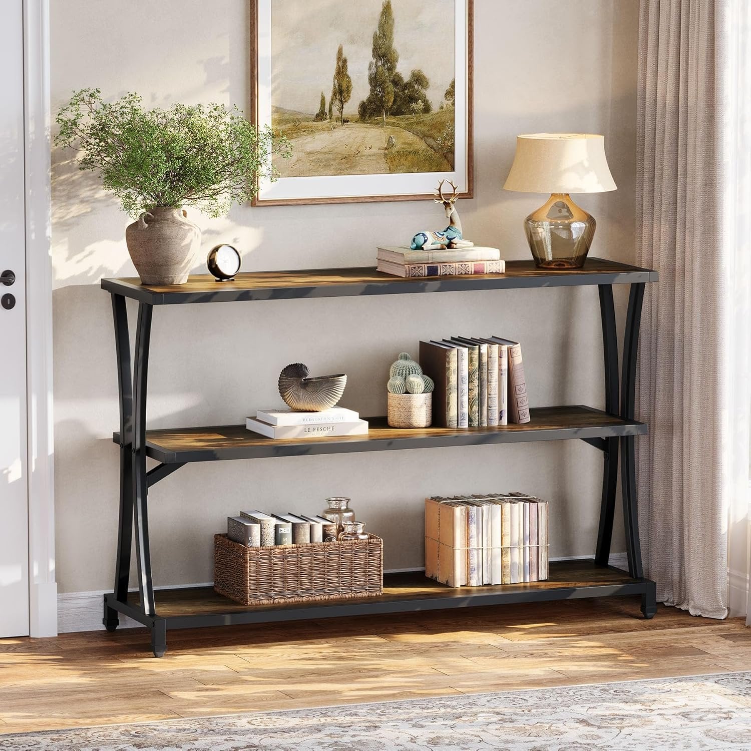 3-Tier Industrial Entryway Console Table, Narrow Sofa Table with Open Storage