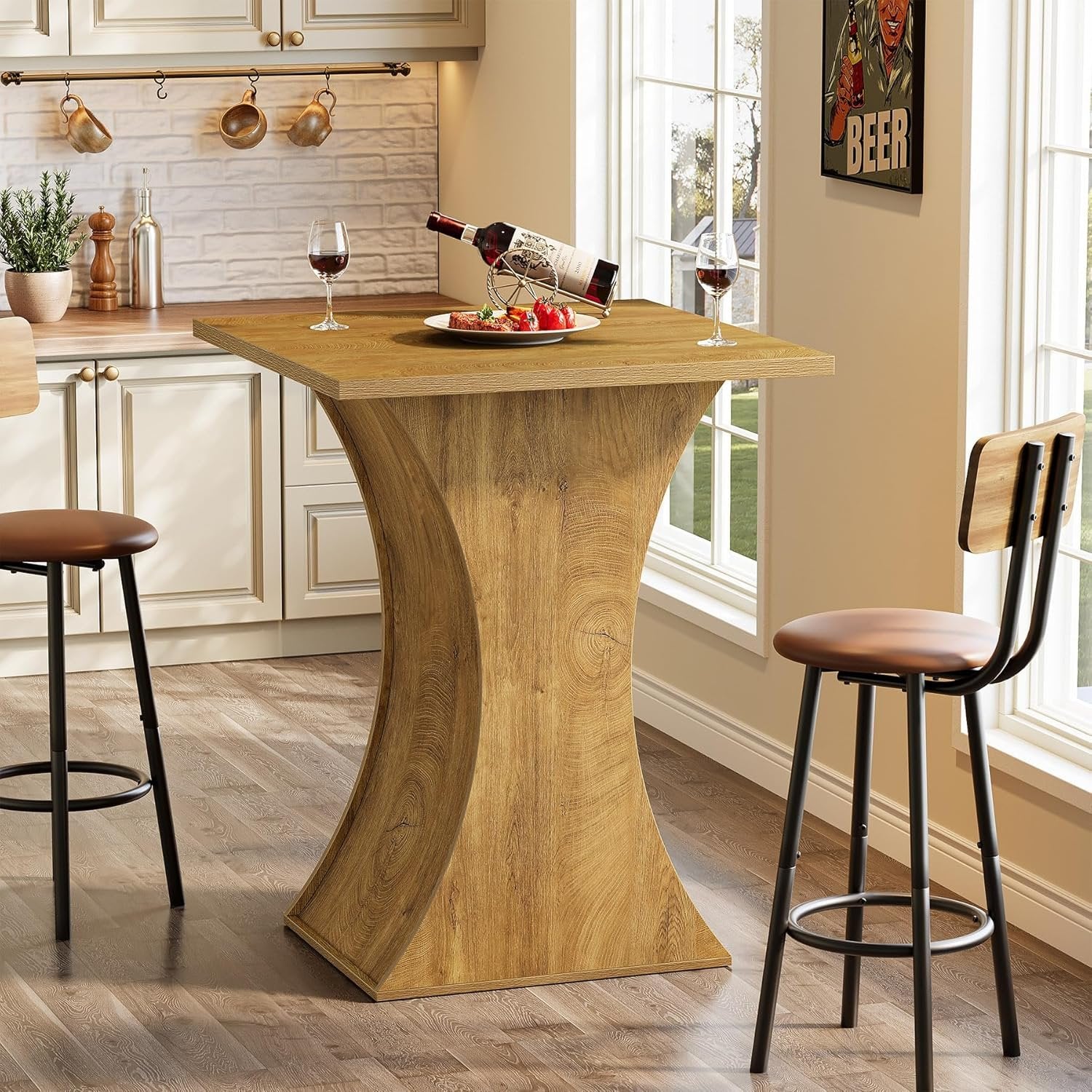 39.4" H Square Bar Table, Farmhouse Pub Cocktail Table with Curved Profile