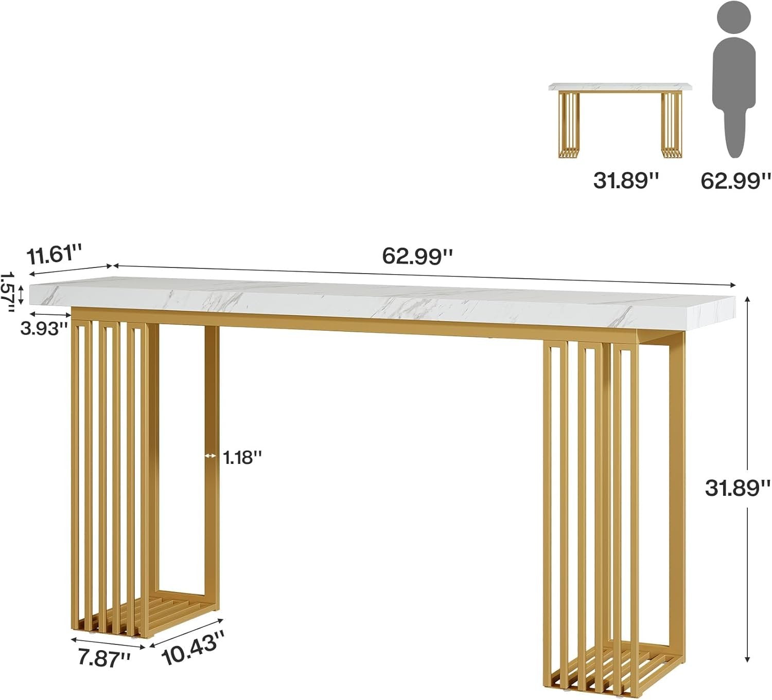 63" Modern Console Table, Narrow Sofa Table with Faux Marble Top for Entryway