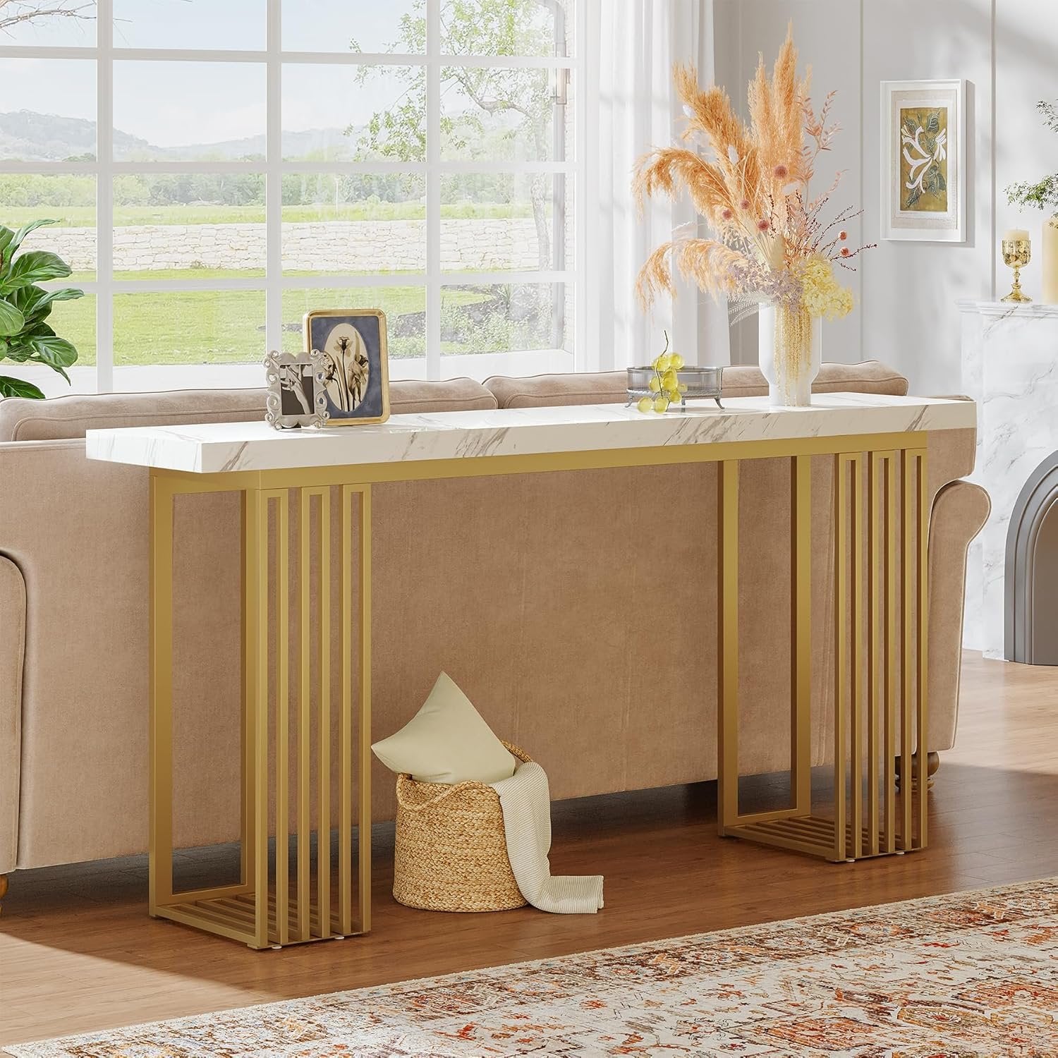 63" Modern Console Table, Narrow Sofa Table with Faux Marble Top for Entryway