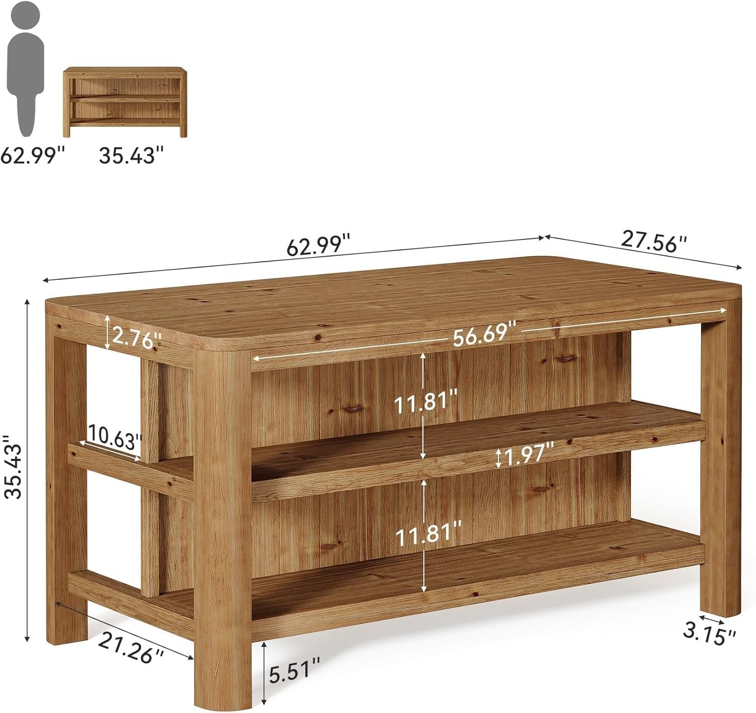Solid Wood Bar Table, 63" Counter Height Pub Table with Storage Shelves