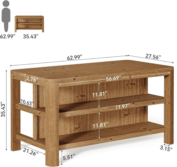 Solid Wood Bar Table, 63" Counter Height Pub Table with Shelves-Tribesigns