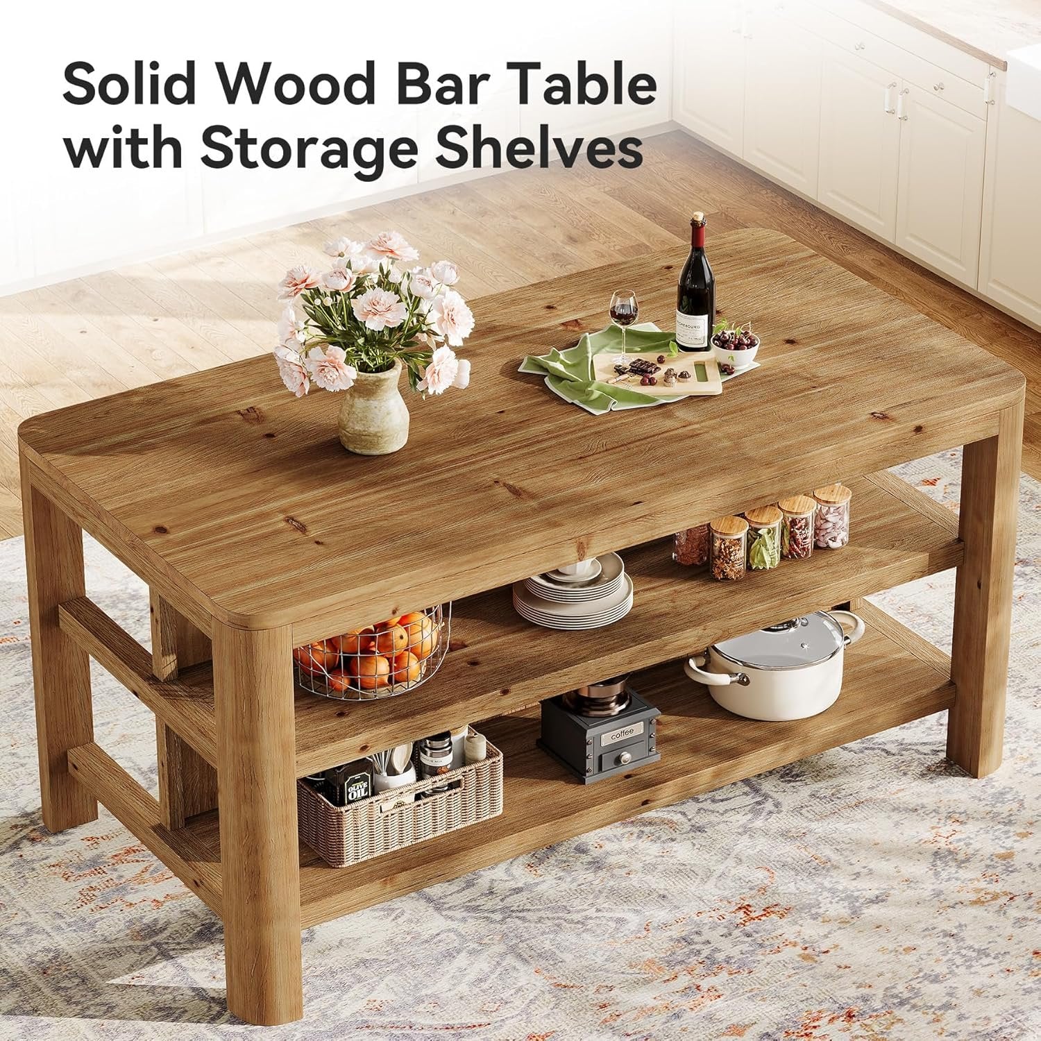 Solid Wood Bar Table, 63" Counter Height Pub Table with Storage Shelves
