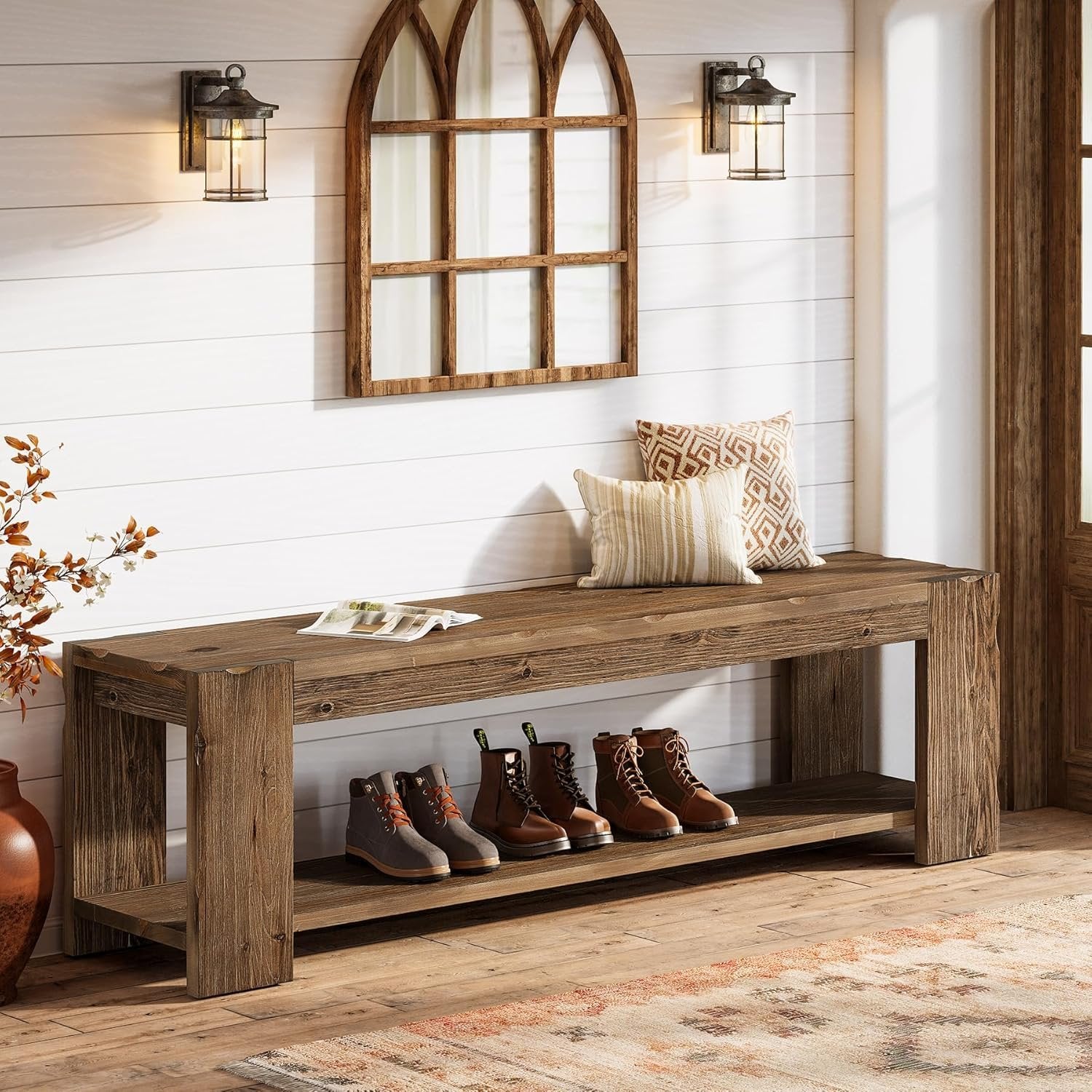 55" Solid Wood Entryway Bench with Storage Shelf, 2-Tier Shoe Bench Seating for Entrance