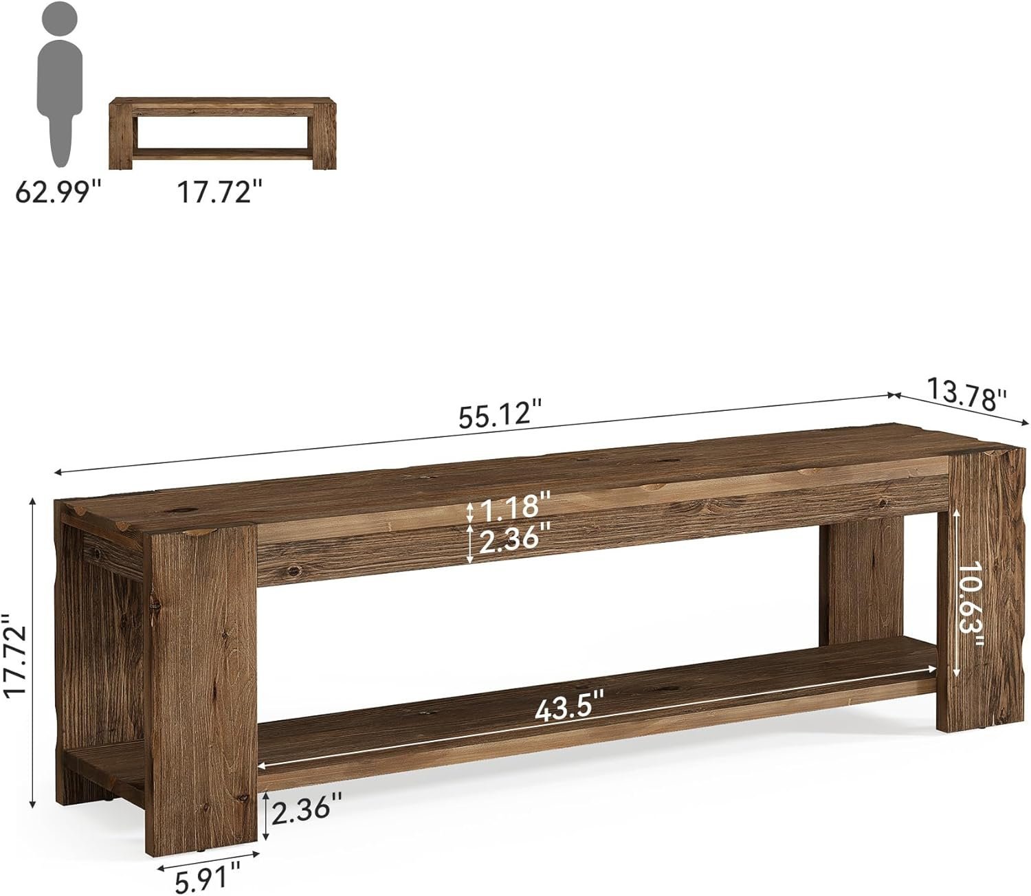 55" Solid Wood Entryway Bench with Storage Shelf, 2-Tier Shoe Bench Seating for Entrance