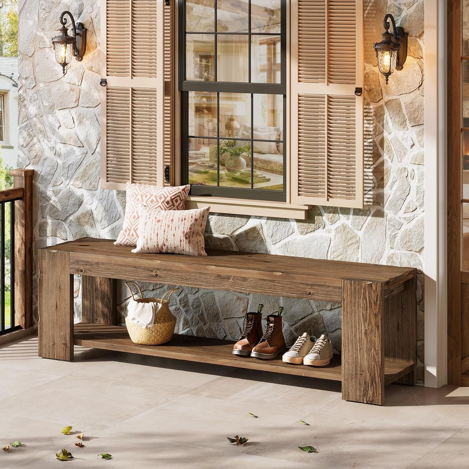 55" Solid Wood Entryway Bench with Storage Shelf, 2-Tier Shoe Bench Seating for Entrance