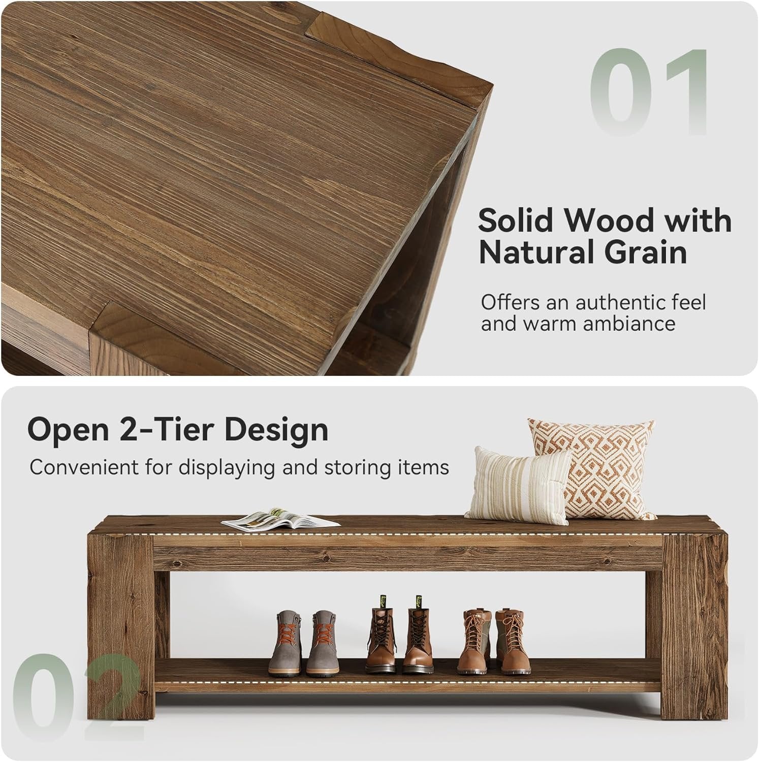 55" Solid Wood Entryway Bench with Storage Shelf, 2-Tier Shoe Bench Seating for Entrance