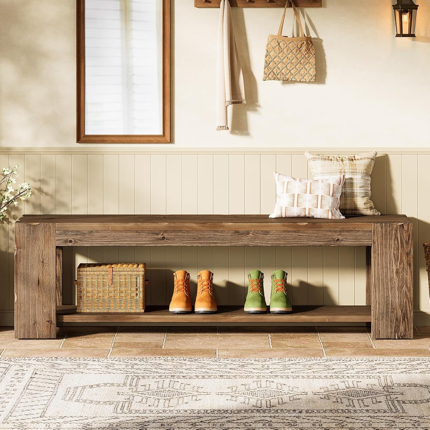 55" Solid Wood Entryway Bench with Storage Shelf, 2-Tier Shoe Bench Seating for Entrance