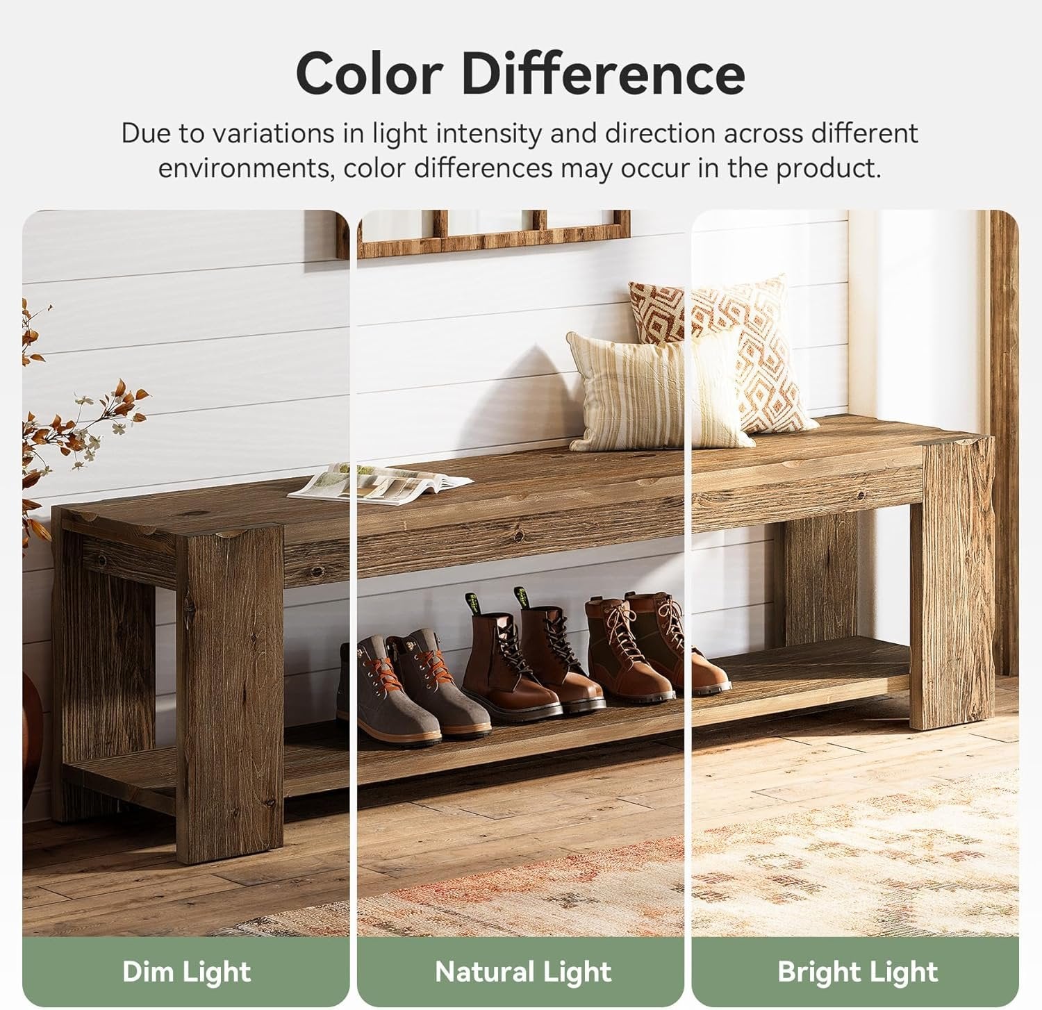 55" Solid Wood Entryway Bench with Storage Shelf, 2-Tier Shoe Bench Seating for Entrance