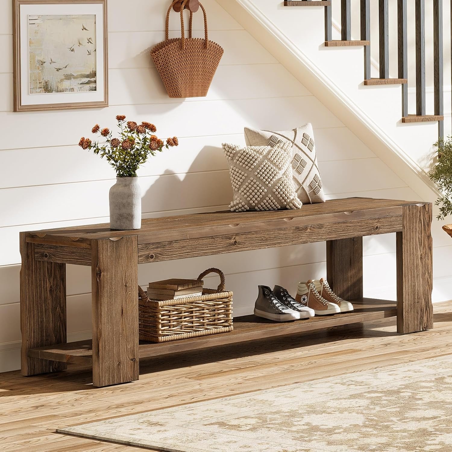 55" Solid Wood Entryway Bench with Storage Shelf, 2-Tier Shoe Bench Seating for Entrance