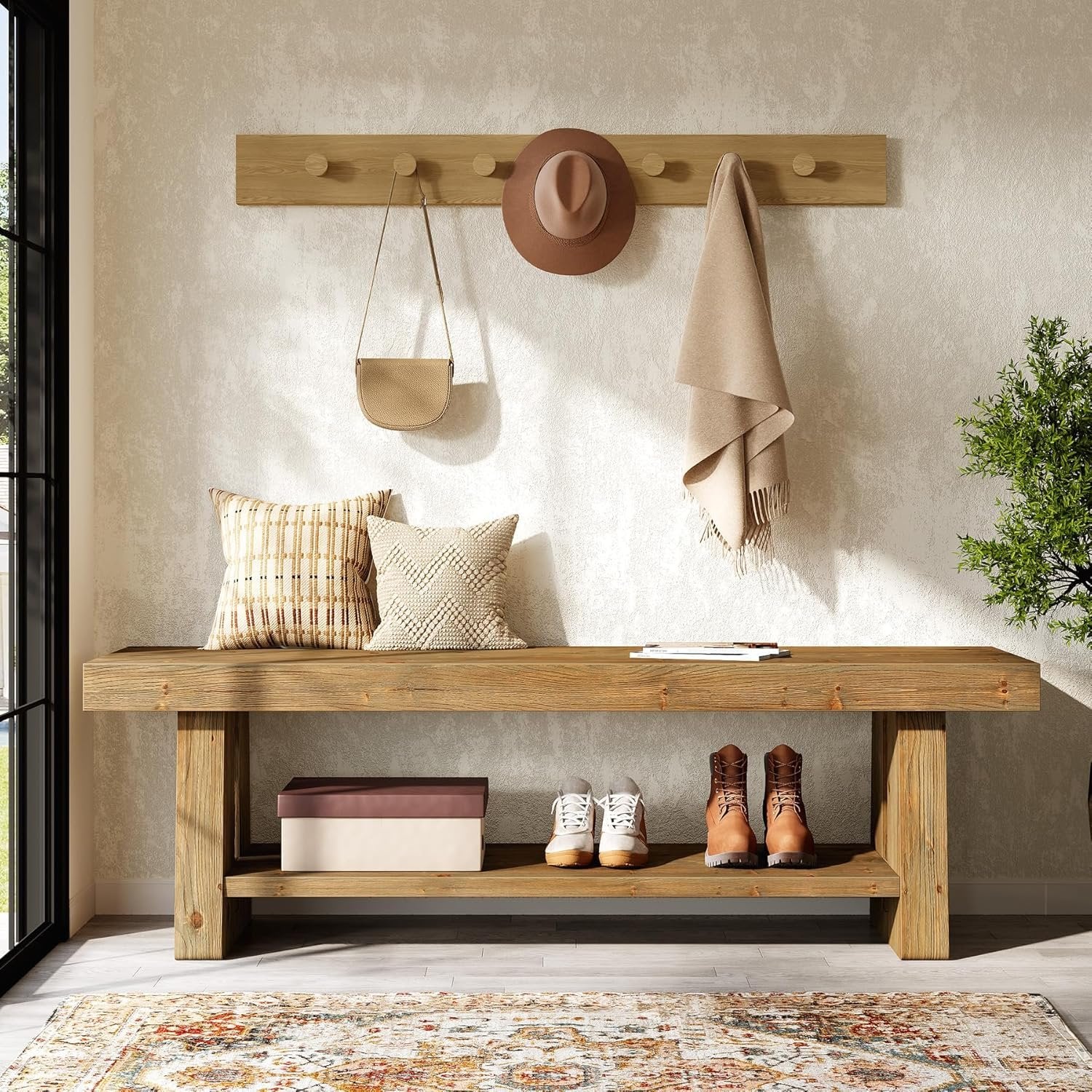 63" Solid Wood Farmhouse Bench with Open Shelves, 2-Tier Shoe Storage Bench for Hallway & Bedroom