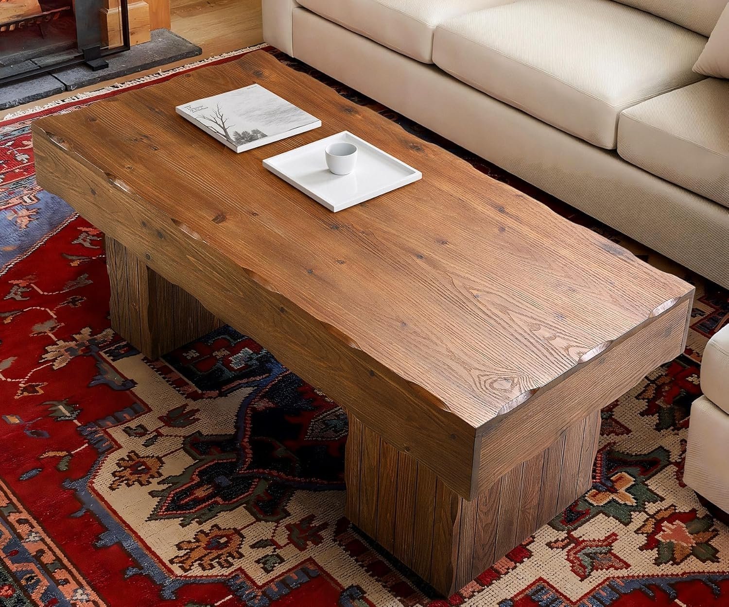 Solid Wood Coffee Table, 47" Farmhouse Center Table with Thick Base