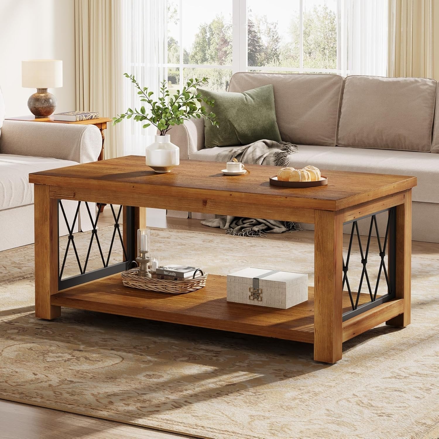 Rectangular Solid Wood Coffee Table, 47" Center Tea Table with 2-Tier Shelf