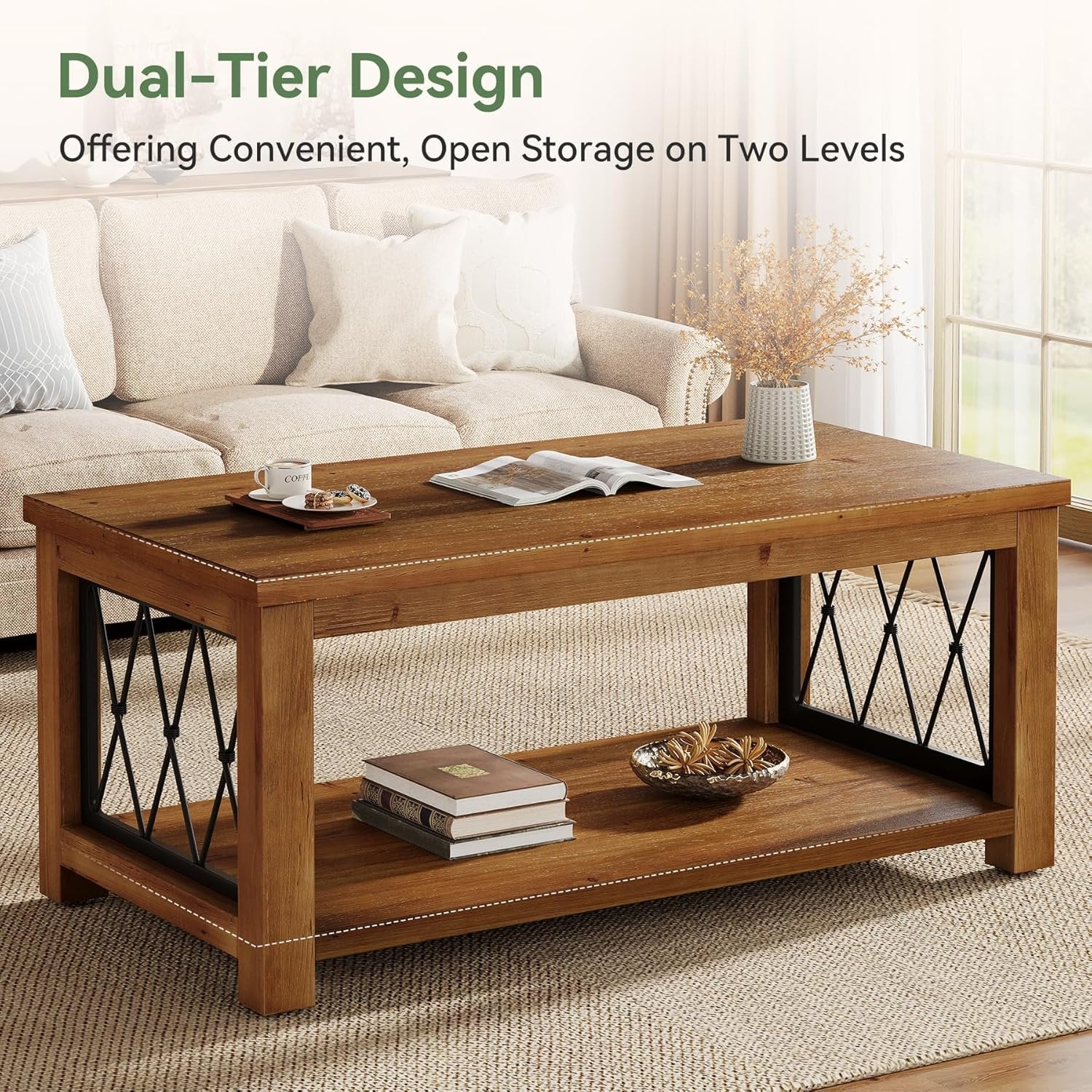 Rectangular Solid Wood Coffee Table, 47" Center Tea Table with 2-Tier Shelf