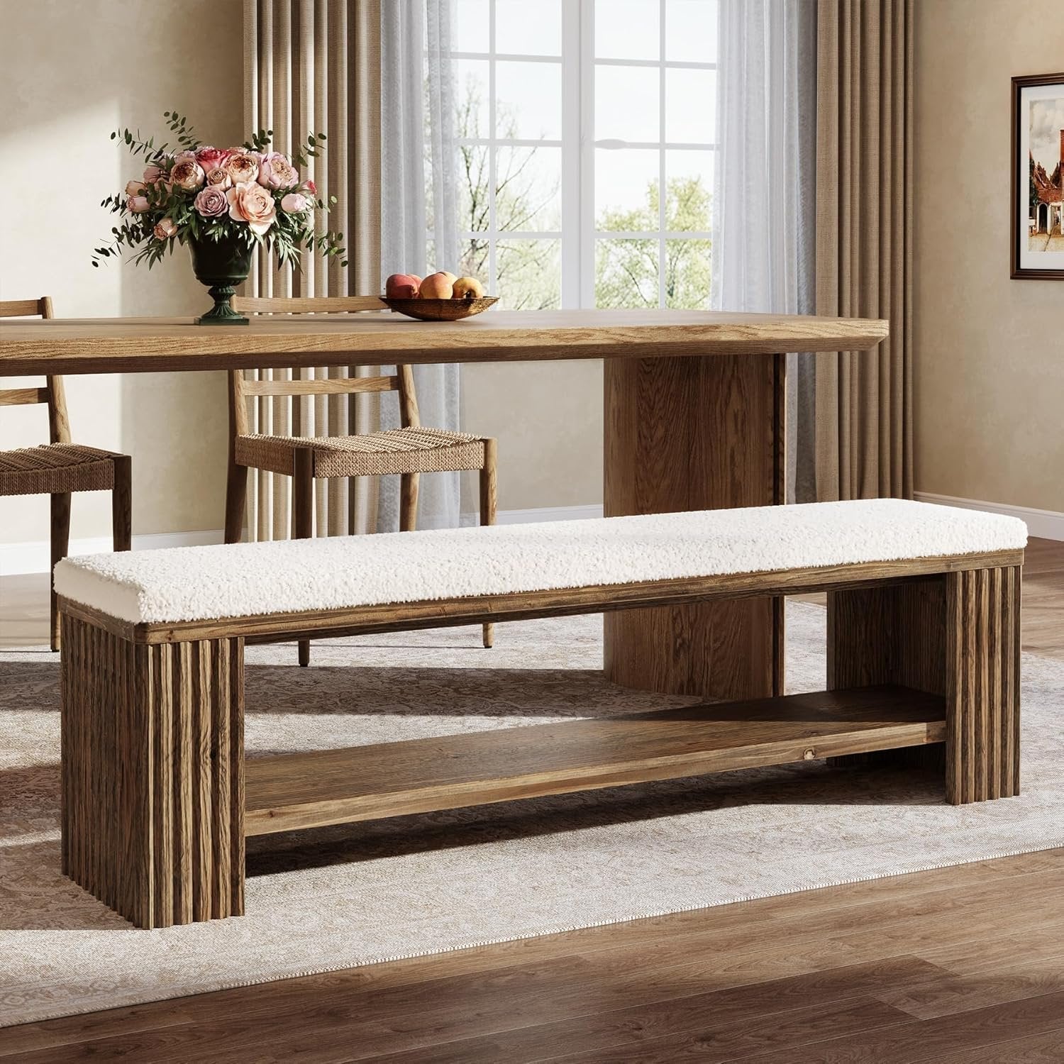 63" Solid Wood Entryway Bench, Modern Upholstered End of Bed Bench