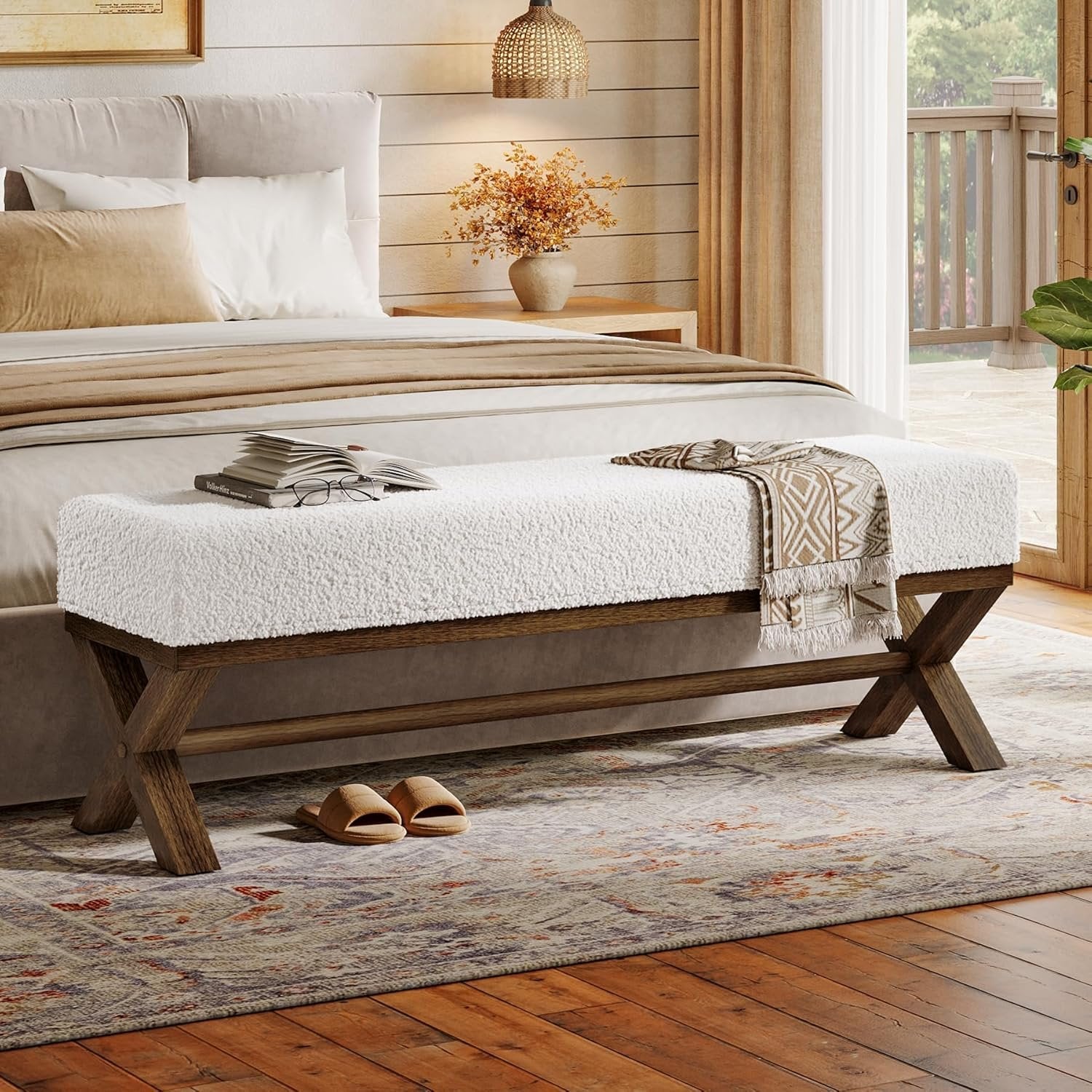 51" Upholstered Entryway Bench, Modern Solid Wood End of Bed Bench with Faux Shearling Padded Seat