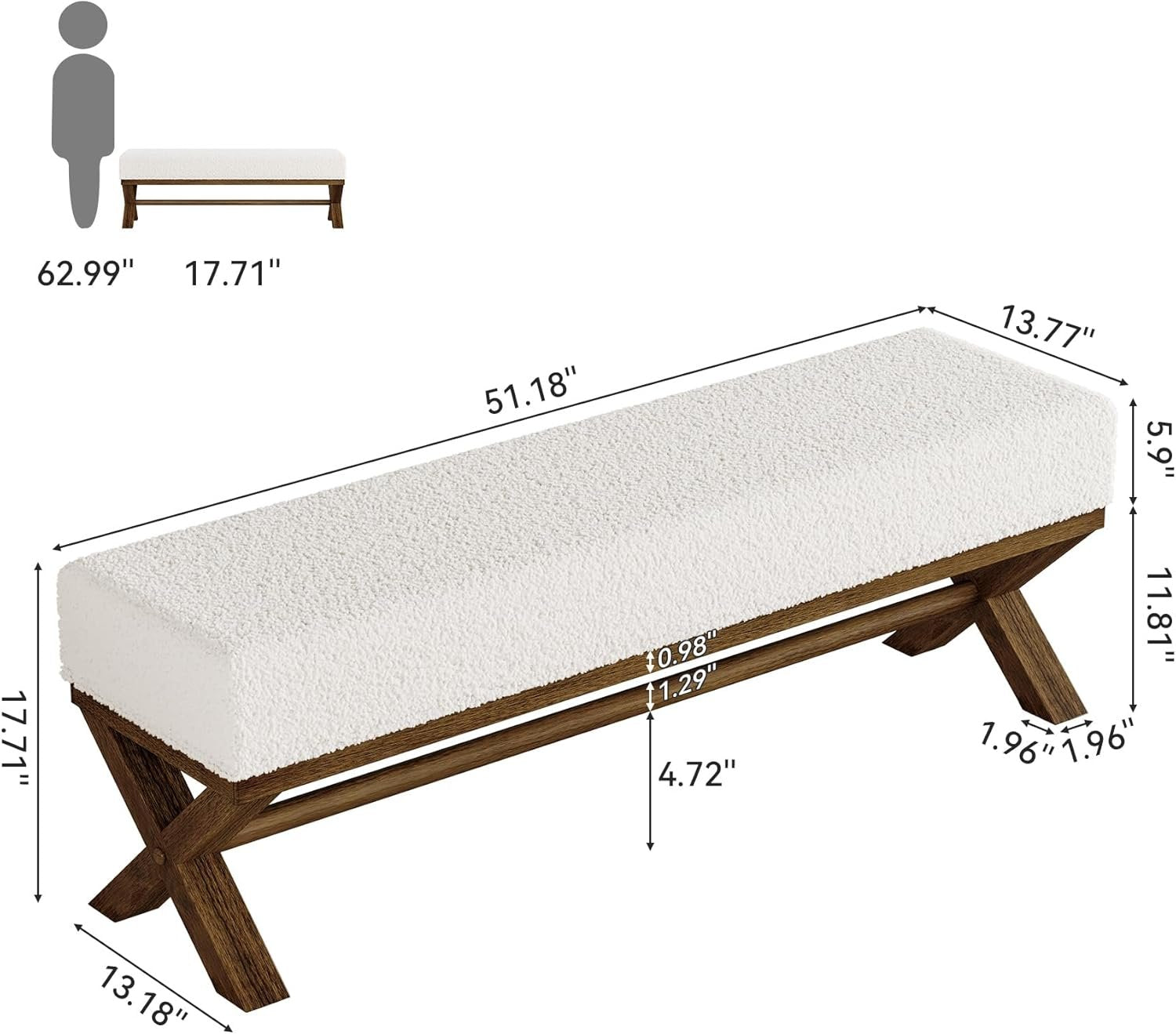 51" Upholstered Entryway Bench, Modern Solid Wood End of Bed Bench with Faux Shearling Padded Seat