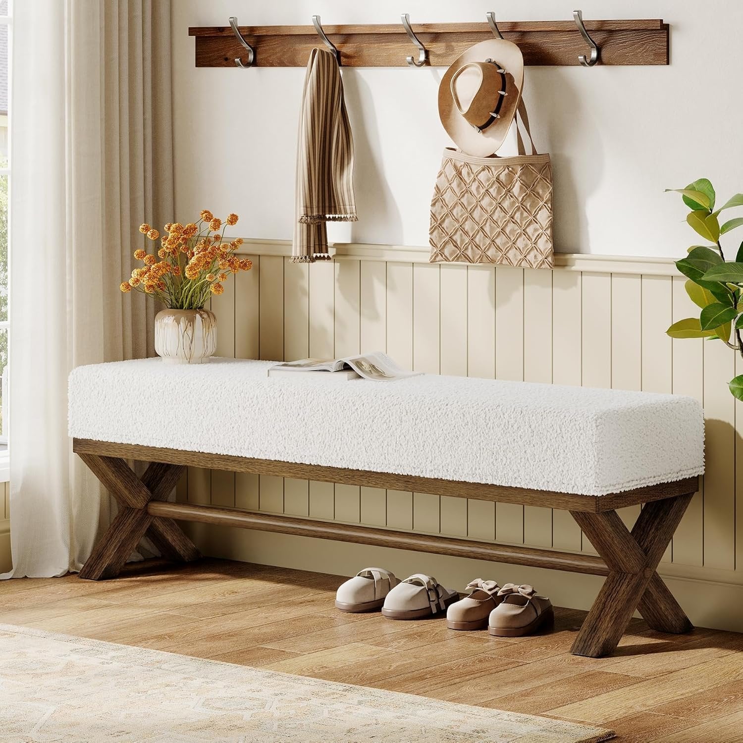 51" Upholstered Entryway Bench, Modern Solid Wood End of Bed Bench with Faux Shearling Padded Seat