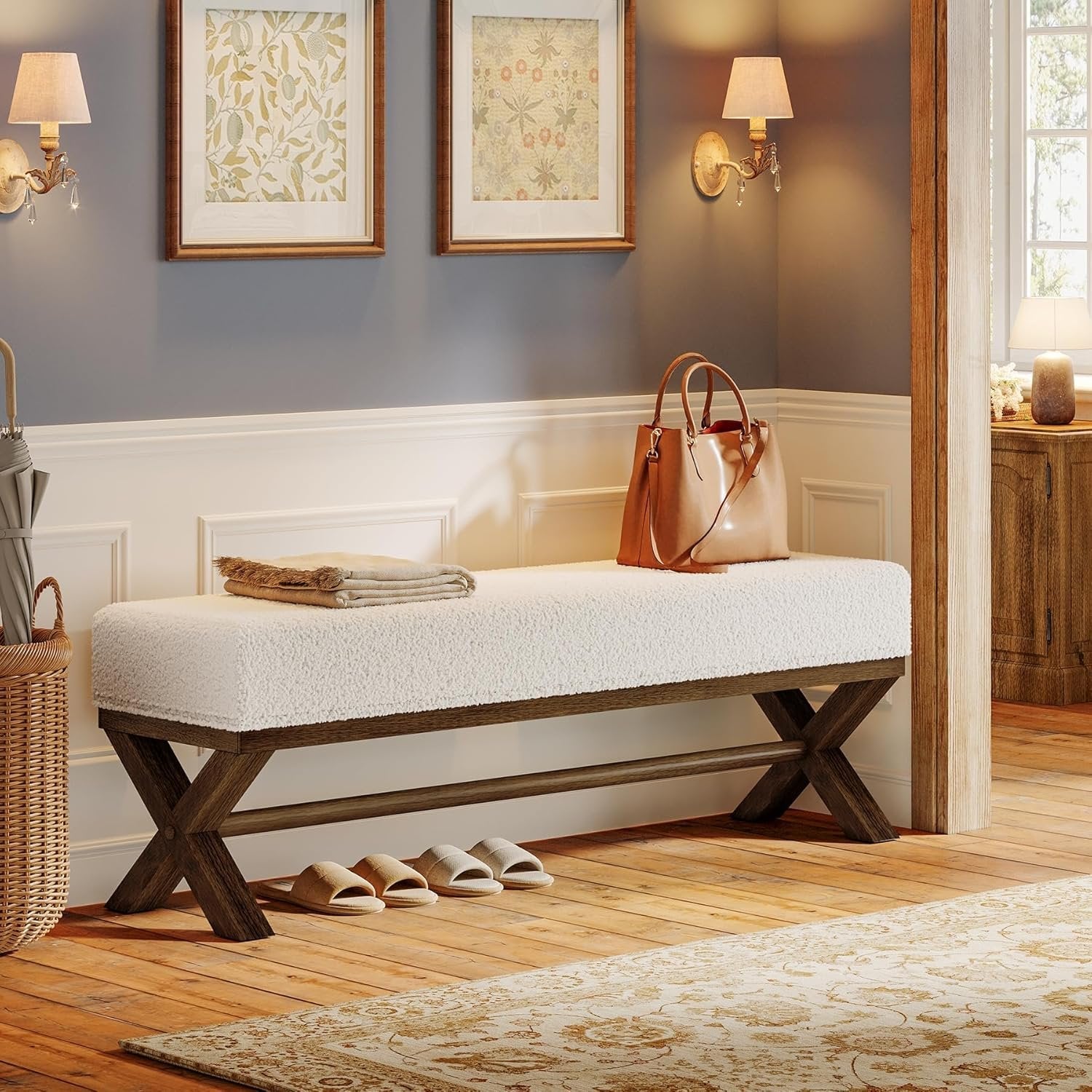 51" Upholstered Entryway Bench, Modern Solid Wood End of Bed Bench with Faux Shearling Padded Seat