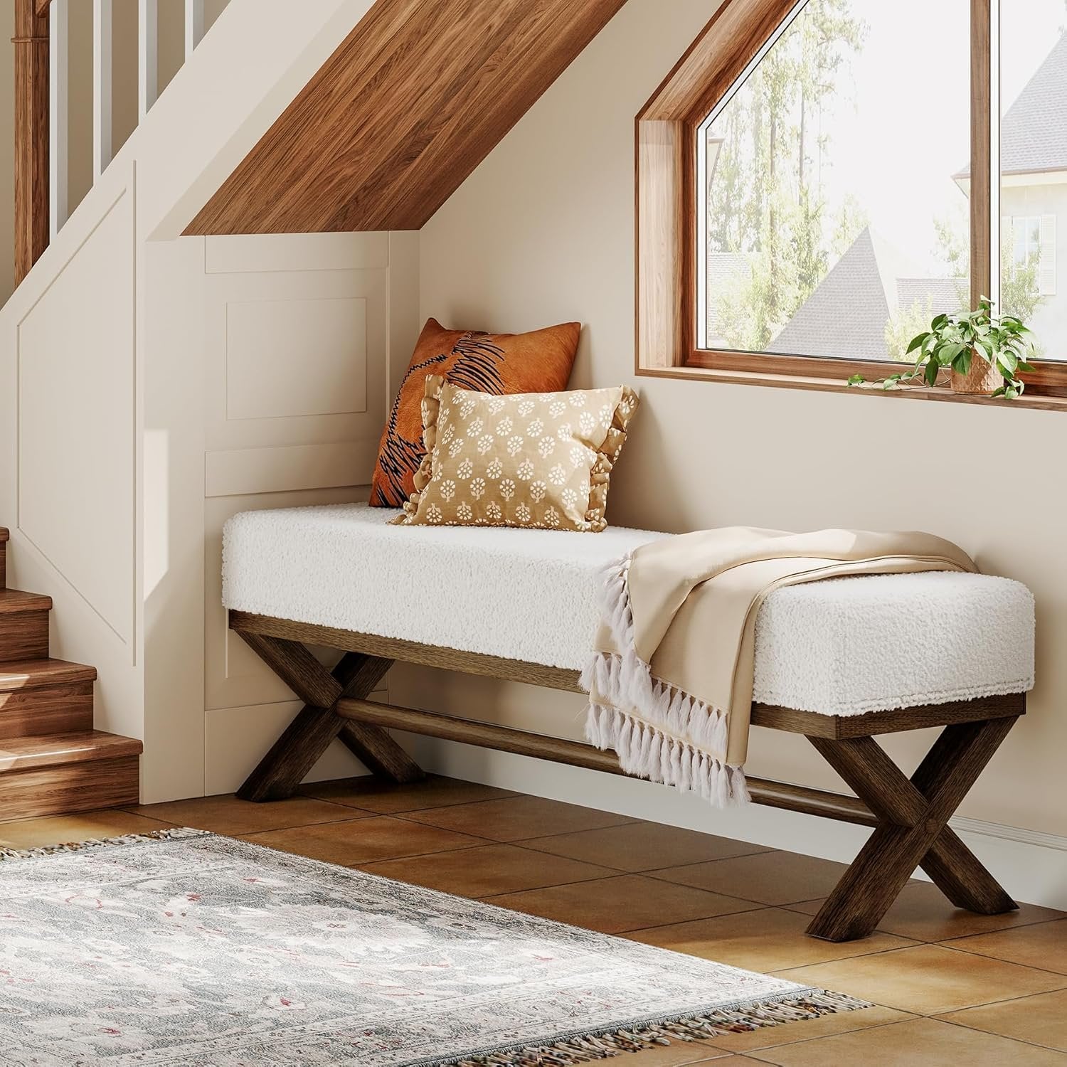 51" Upholstered Entryway Bench, Modern Solid Wood End of Bed Bench with Faux Shearling Padded Seat