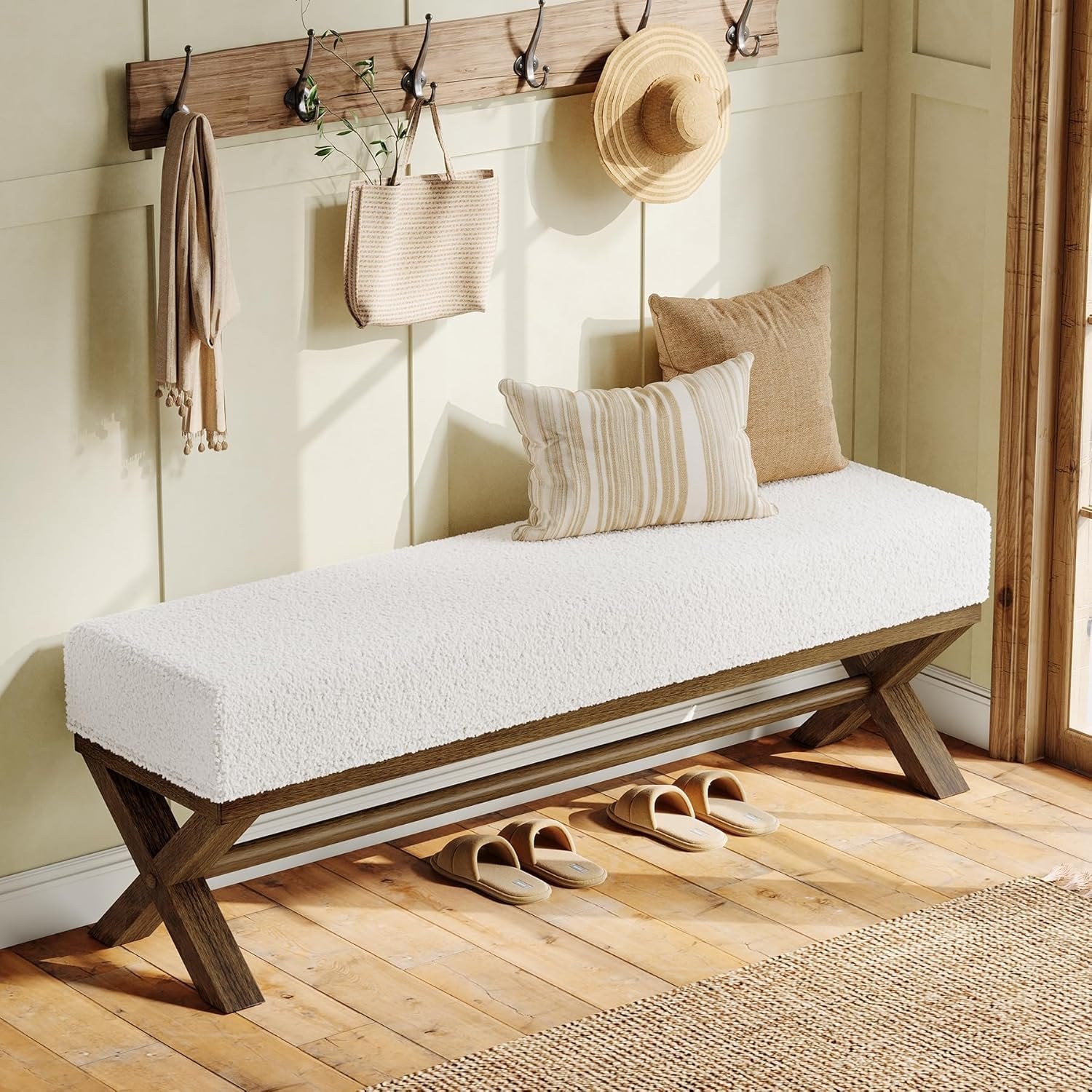 51" Upholstered Entryway Bench, Modern Solid Wood End of Bed Bench with Faux Shearling Padded Seat