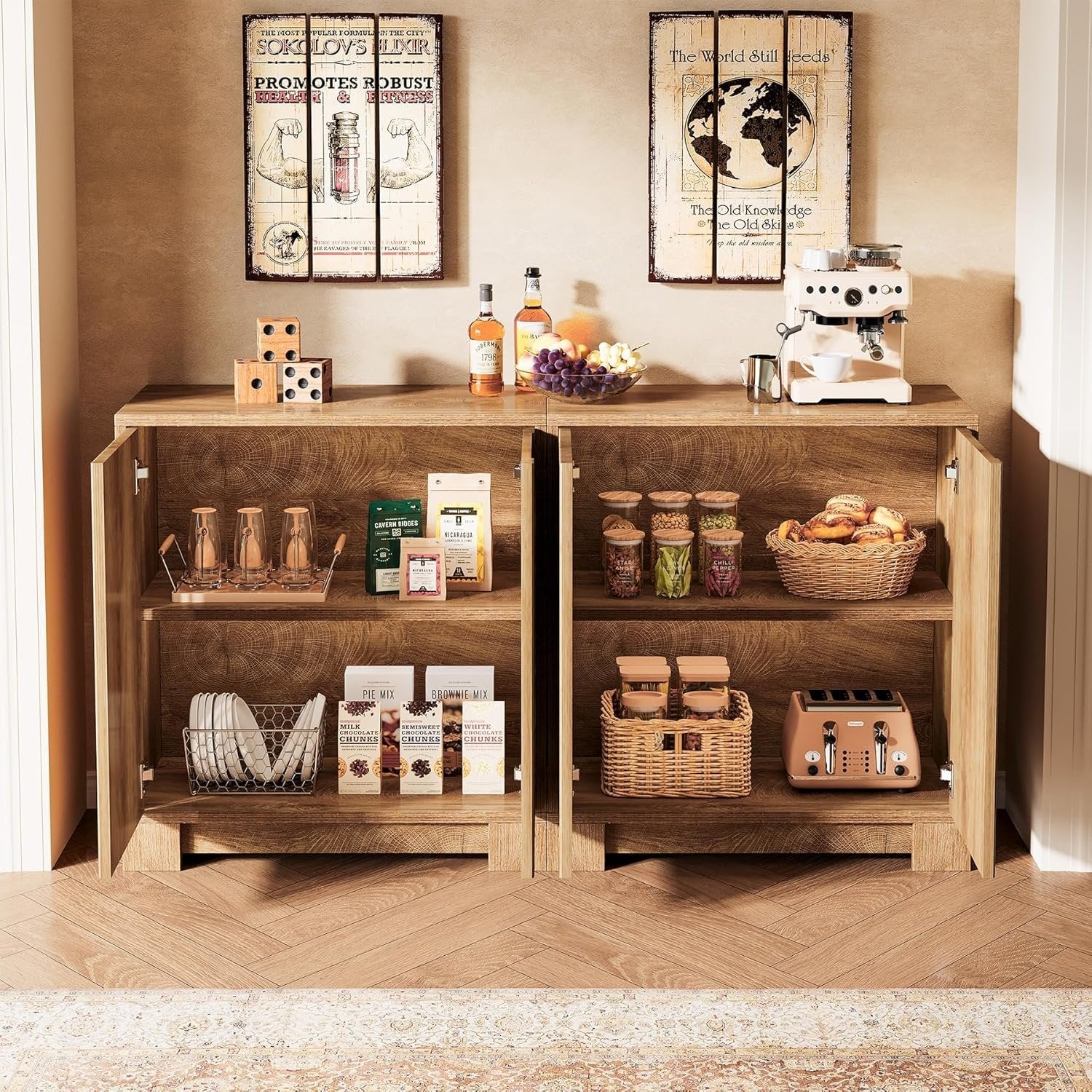 57.5" Set of 2 Sideboard Buffet, Coffee Bar Cabinet with Push-to-Open Doors