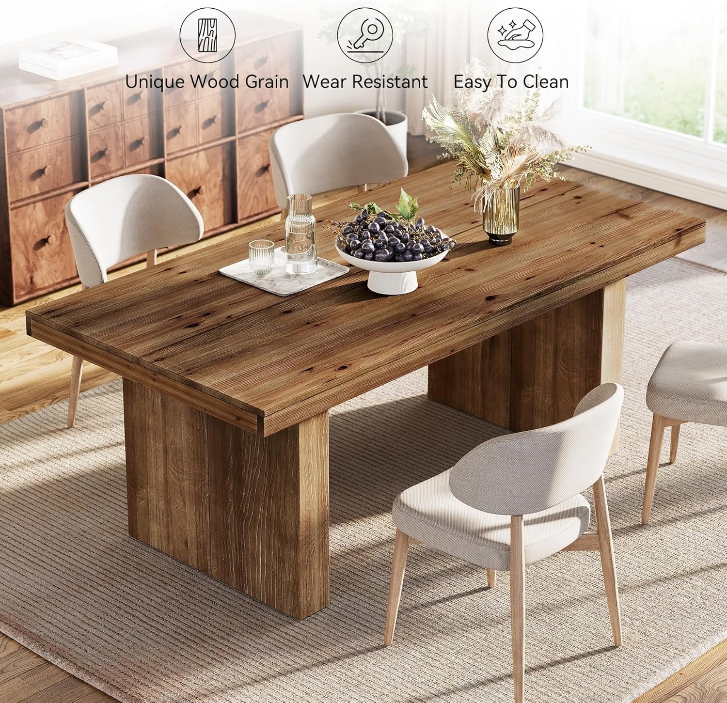 63" Rectangle Dining Table, Farmhouse Solid Wood Kitchen Dinner Table for 4-6 People