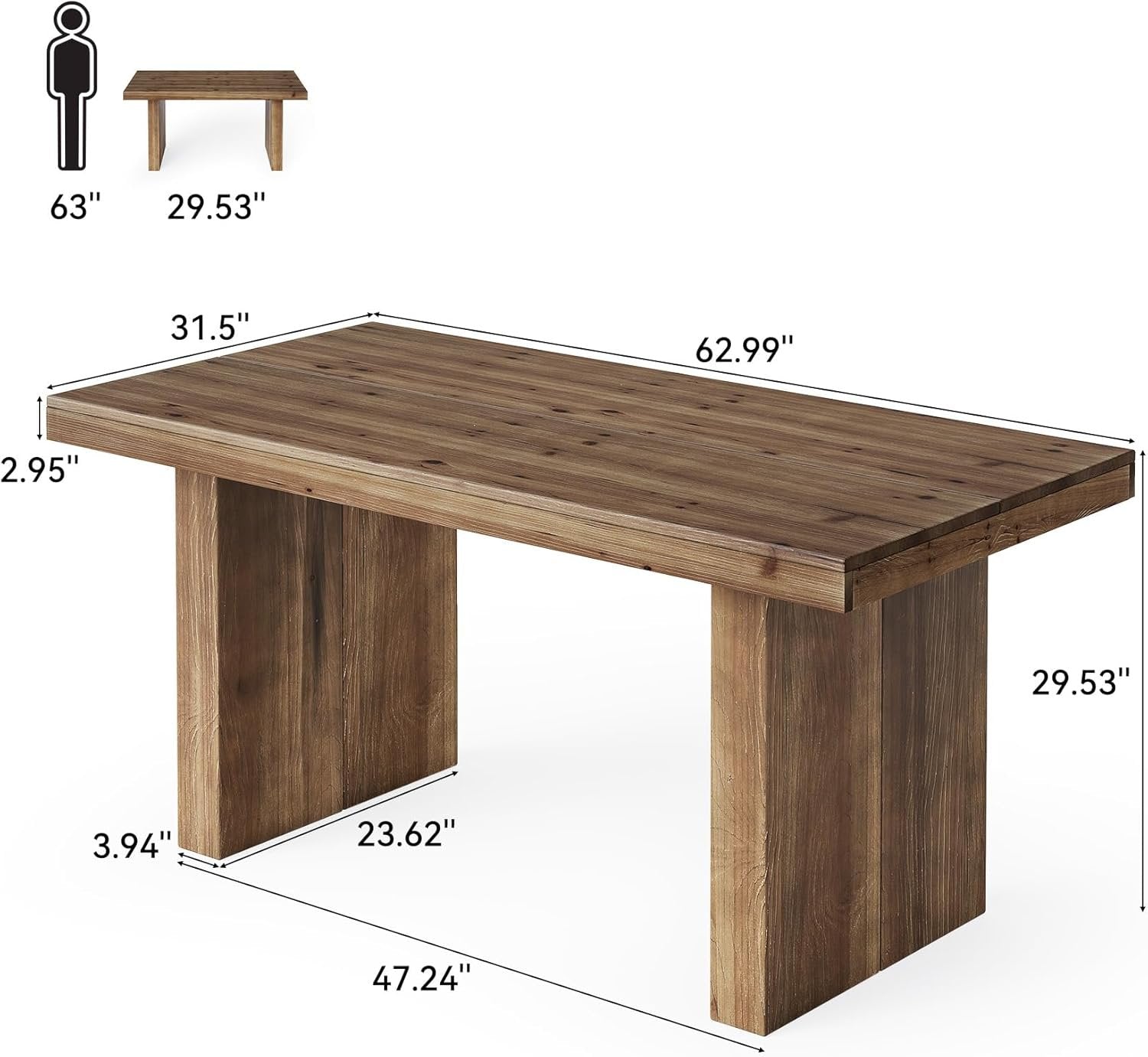 63" Solid Wood Executive Desk, Farmhouse Large Computer Desk with Sturdy Legs