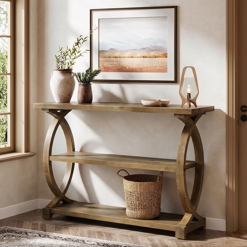 41.34" Solid Wood Console Table with 3-Tier Storage, Rustic Sofa Table for Entryway & Living Room