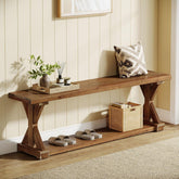 59" Solid Wood Entryway Bench, 2-Tier Foyer Shoe Bench with Open Shelf 3