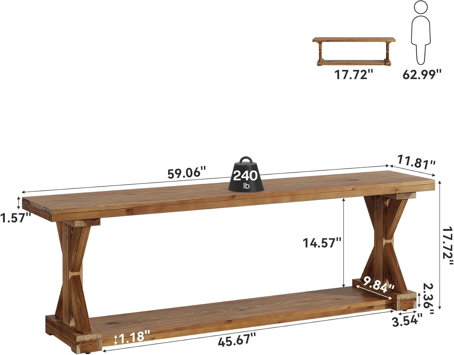 59" Solid Wood Entryway Bench, 2-Tier Foyer Shoe Bench with Open Shelf