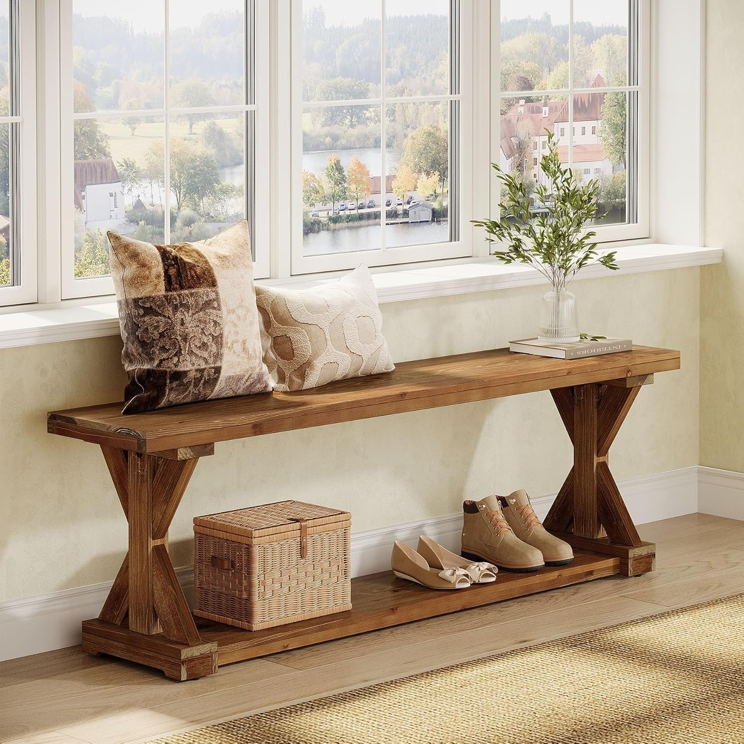 59" Solid Wood Entryway Bench, 2-Tier Foyer Shoe Bench with Open Shelf
