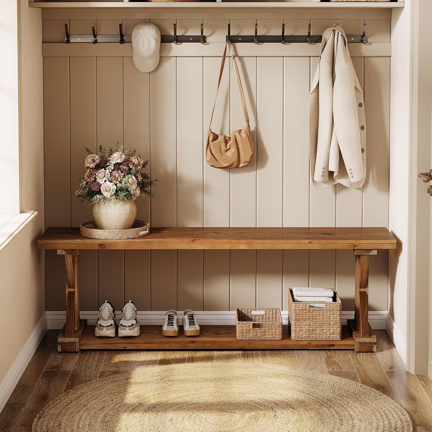 59" Solid Wood Entryway Bench, 2-Tier Foyer Shoe Bench with Open Shelf