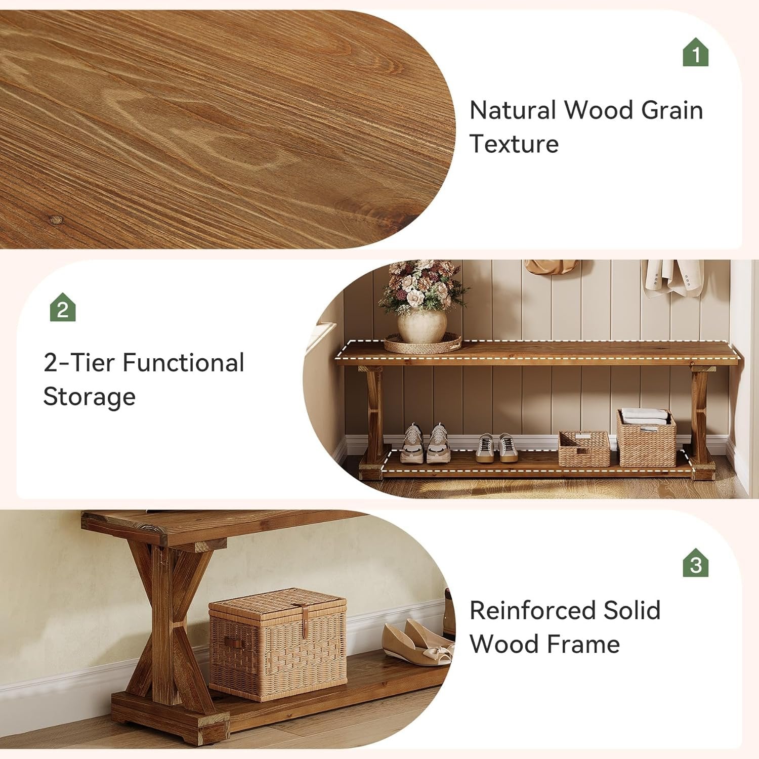59" Solid Wood Entryway Bench, 2-Tier Foyer Shoe Bench with Open Shelf