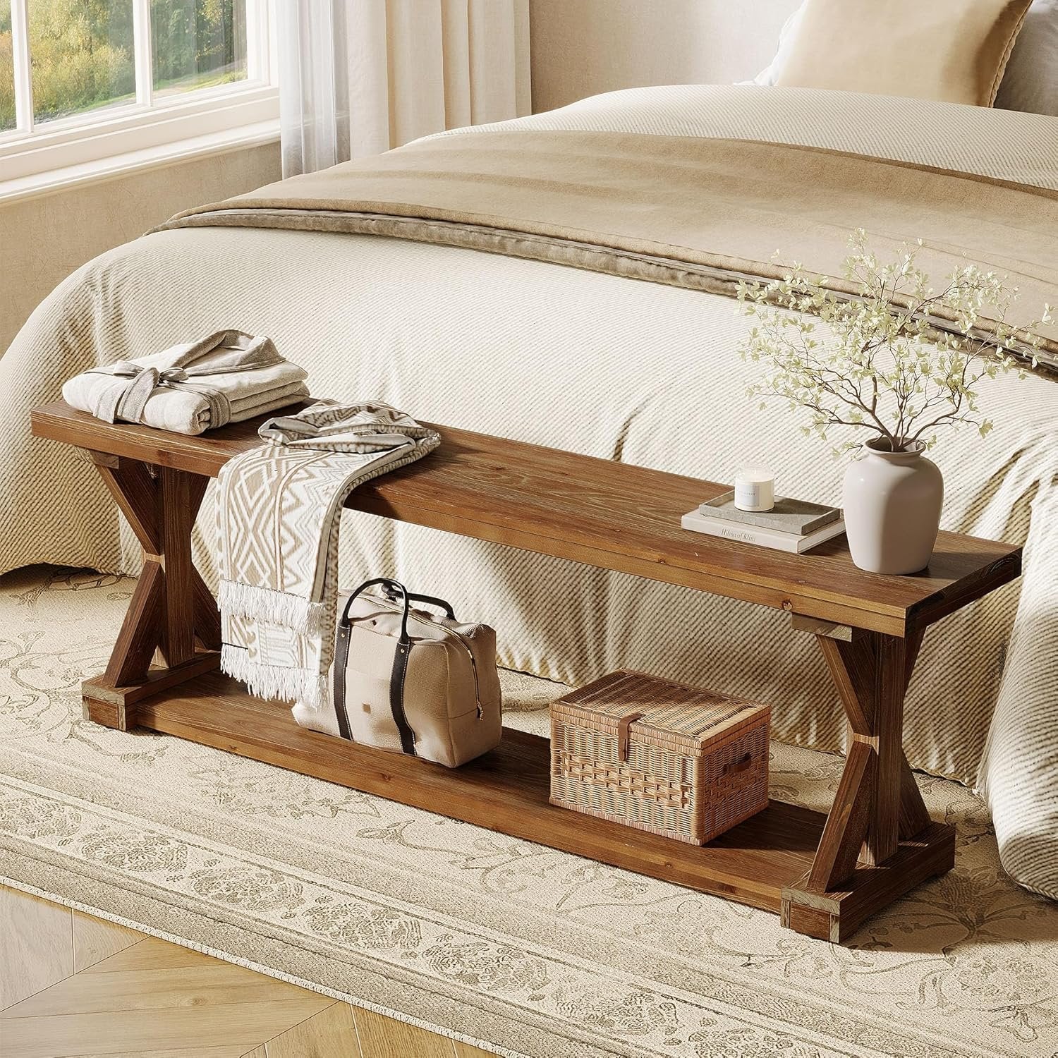 59" Solid Wood Entryway Bench, 2-Tier Foyer Shoe Bench with Open Shelf