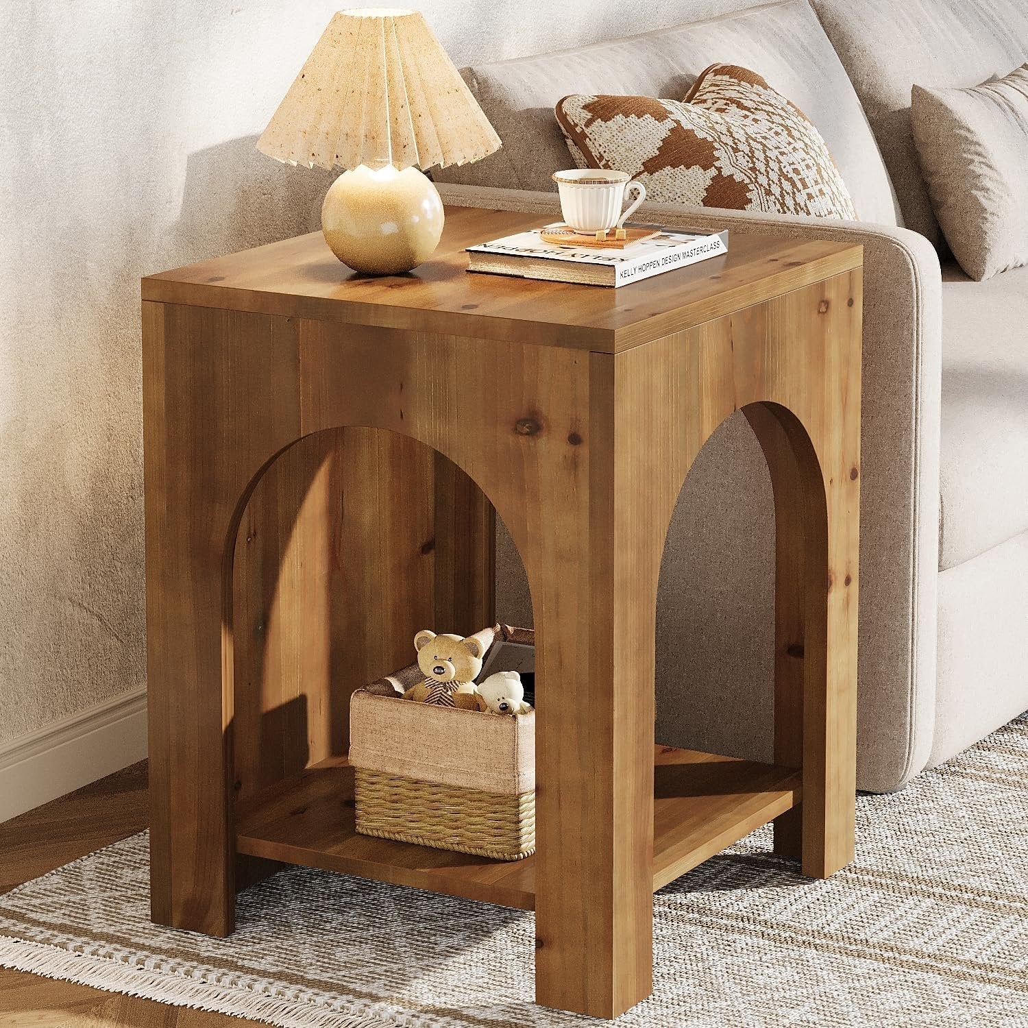 2-Tier End Table, Farmhouse Square Side Table with Arch Design